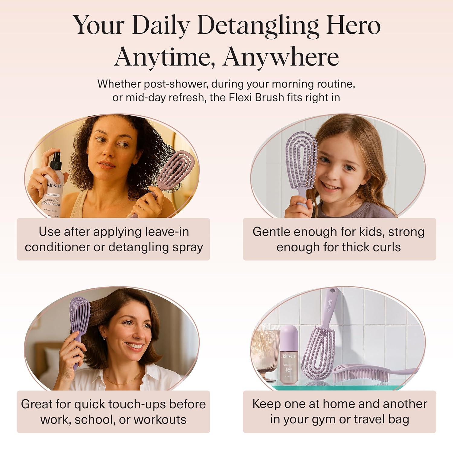 imageKitsch Detangler Brush Flexible Curly Hair Brush for Women Men ampamp Kids Detangling Hairbrush with Bendable Frame and UltraSmooth Bristles for Wet or Dry Strands Soft Violet