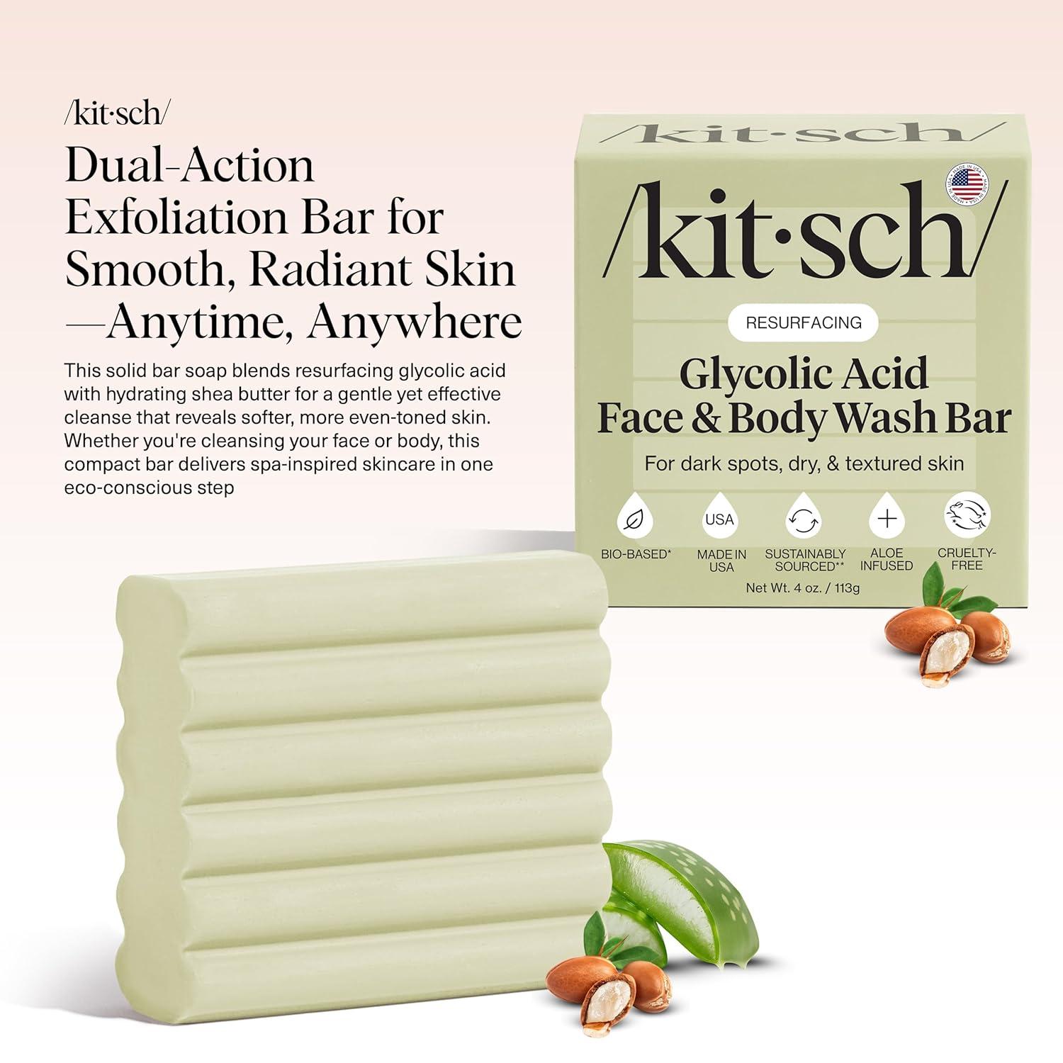 imageKitsch Glycolic Acid Face ampamp Body Wash Bar Resurfacing Bar Soap with Shea Butter for Smoother Brighter Skin Gentle Soap ampamp Body Wash Women ampamp Men Love Cucumber ampamp Eucalyptus Scent Bath Soap 4 oz