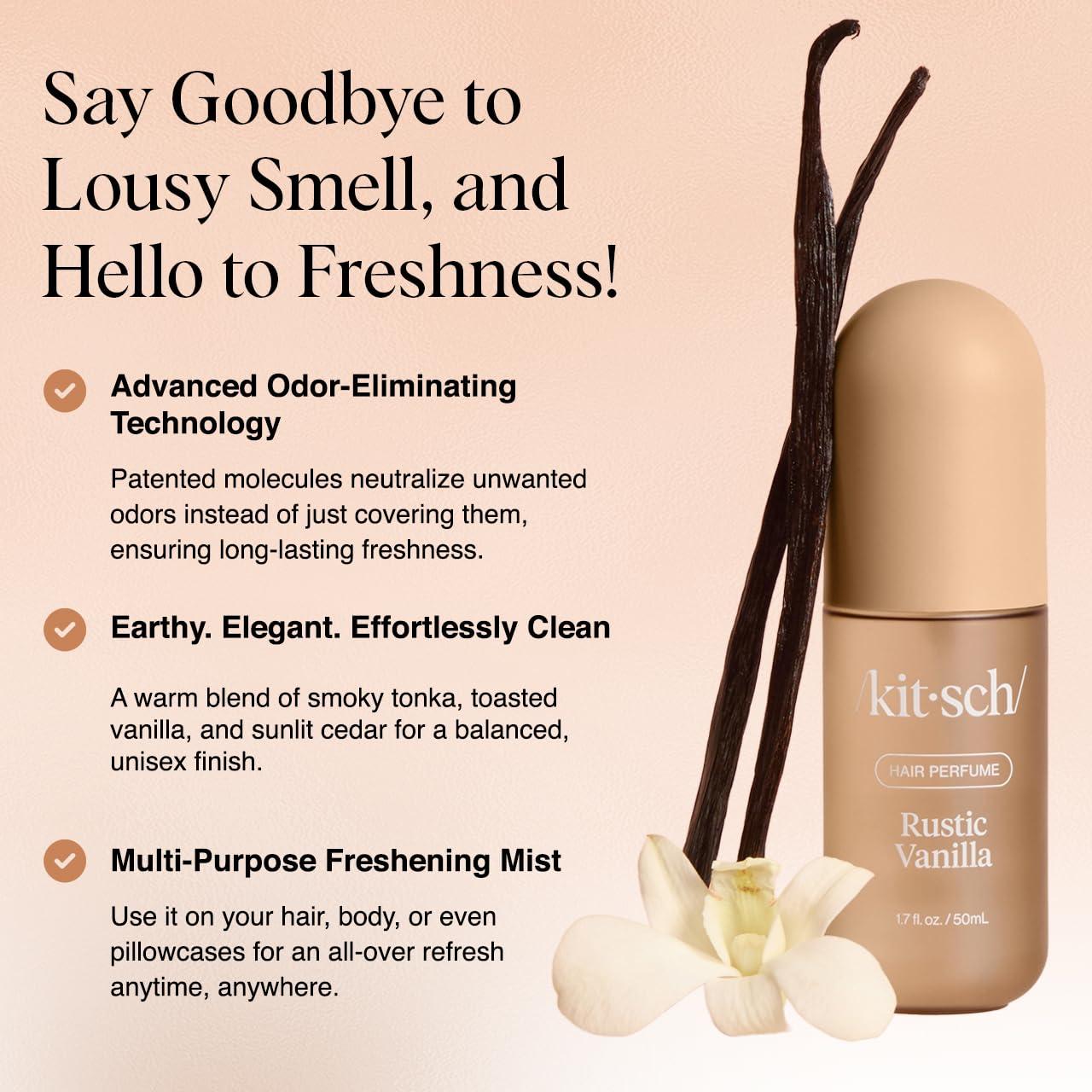 imageKitsch Hair Perfume for Women Rustic Vanilla Clean Deodorizing ampamp Patented OdorEliminating Technology Hair Spray ampamp Body Mist Freshen Hair Pillows Warm Tonka Vanilla ampamp Cedar Blend 50 mL