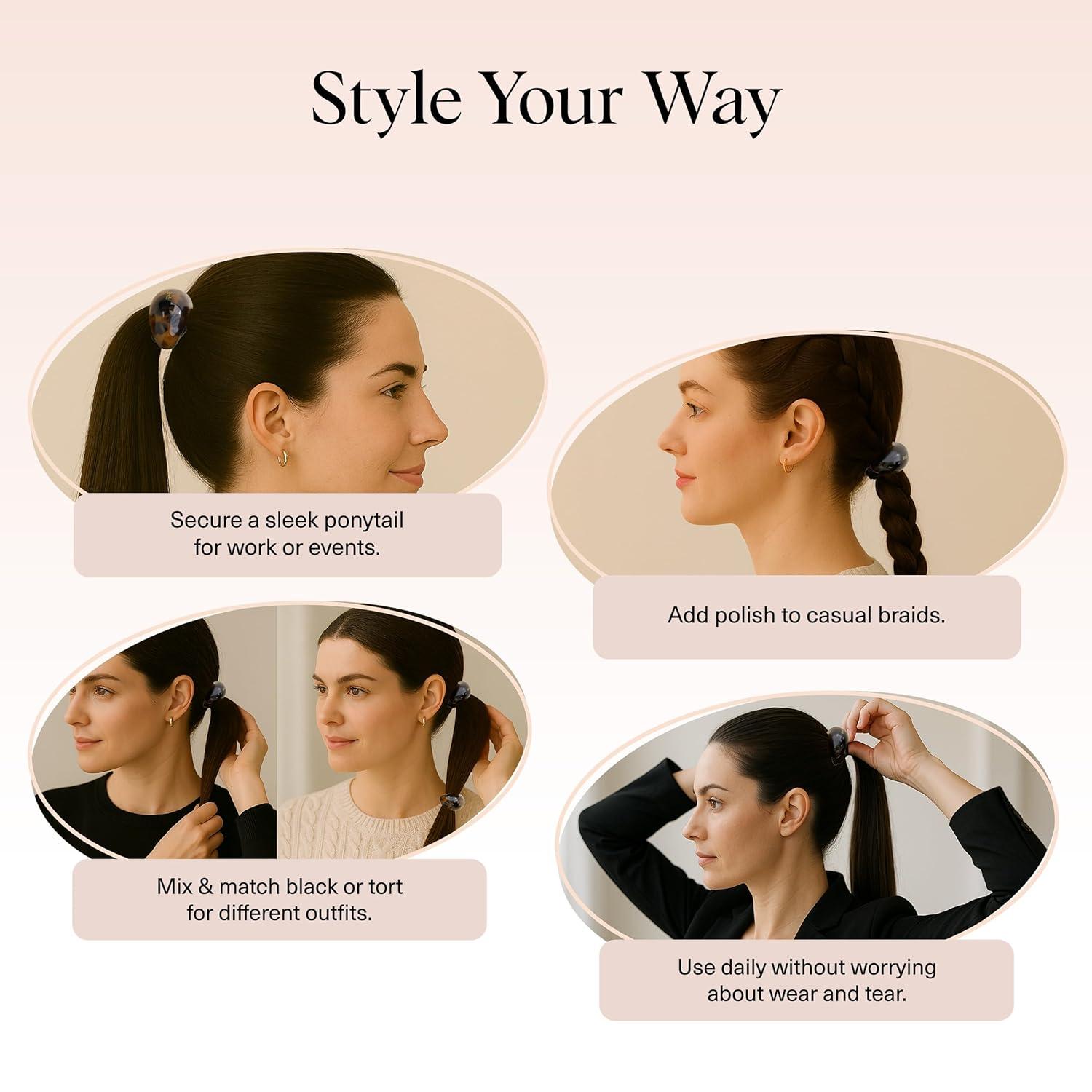 imageKitsch Medium Hair Cuffs for Braids ampamp Ponytails Sleek Hair Ties No Damage for Women Recycled Plastic ampamp Nylon Elastics Stylish ampamp Durable Black ampamp Tort Ideal Gifts for Women 2pcs