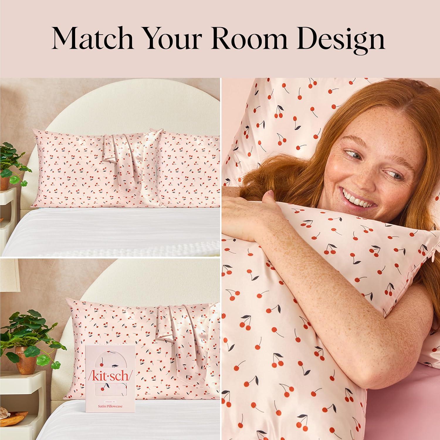 imageKitsch Satin Pillowcase Softer Than Silk Pillow Cases Queen Cooling Pillow Covers Satin Pillowcase wZipper for Hair Skin ampamp Quality Sleep WrinkleFree ampamp Smooth Queen Size 19quotx26quot Cherry Print