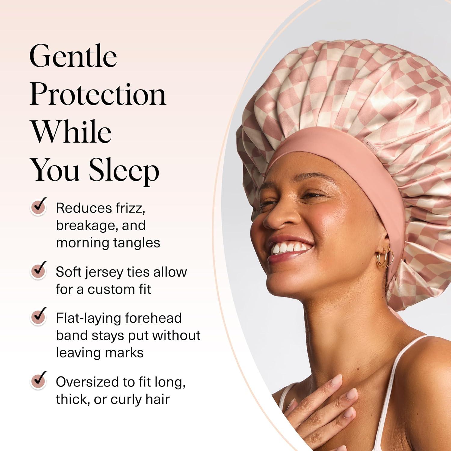imageKitsch XL Satin Bonnet for Sleeping Softer Than Silk Hair Bonnet For Women Secure Fit Adjustable Night Cap For Curly ampamp Textured Hair Prevents Breakage Tangles ampamp Thinning Terracotta Checker
