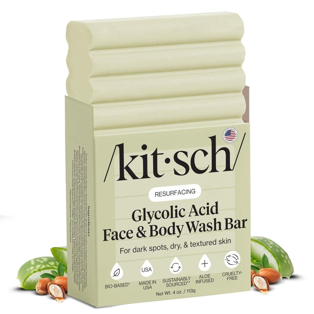 imageKitsch Glycolic Acid Face ampamp Body Wash Bar Resurfacing Bar Soap with Shea Butter for Smoother Brighter Skin Gentle Soap ampamp Body Wash Women ampamp Men Love Cucumber ampamp Eucalyptus Scent Bath Soap 4 oz
