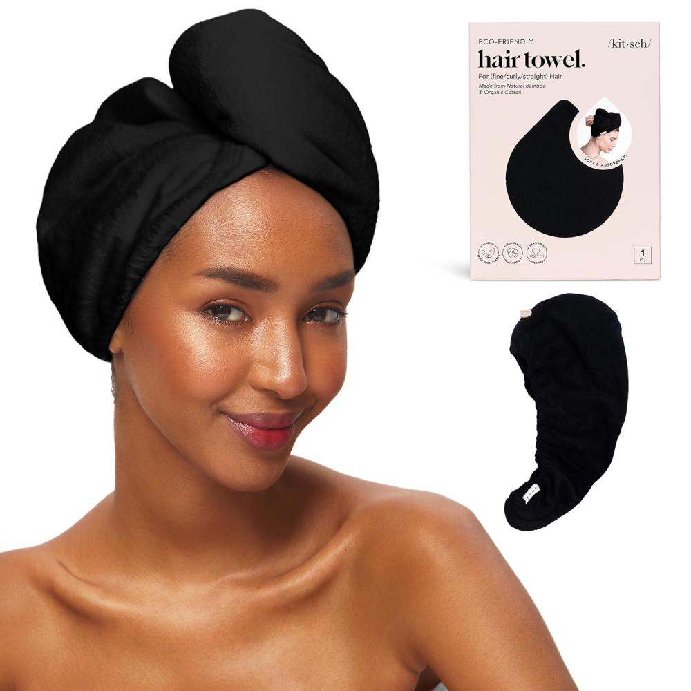 imageKitsch Microfiber Hair Towel Wrap for Women Super Absorbent Hair Drying Towel Quick Dry AntiFrizz for Long ampamp Short Wet ampamp Curly Hair Black