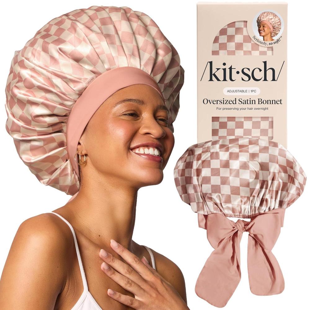 imageKitsch XL Satin Bonnet for Sleeping Softer Than Silk Hair Bonnet For Women Secure Fit Adjustable Night Cap For Curly ampamp Textured Hair Prevents Breakage Tangles ampamp Thinning Terracotta Checker
