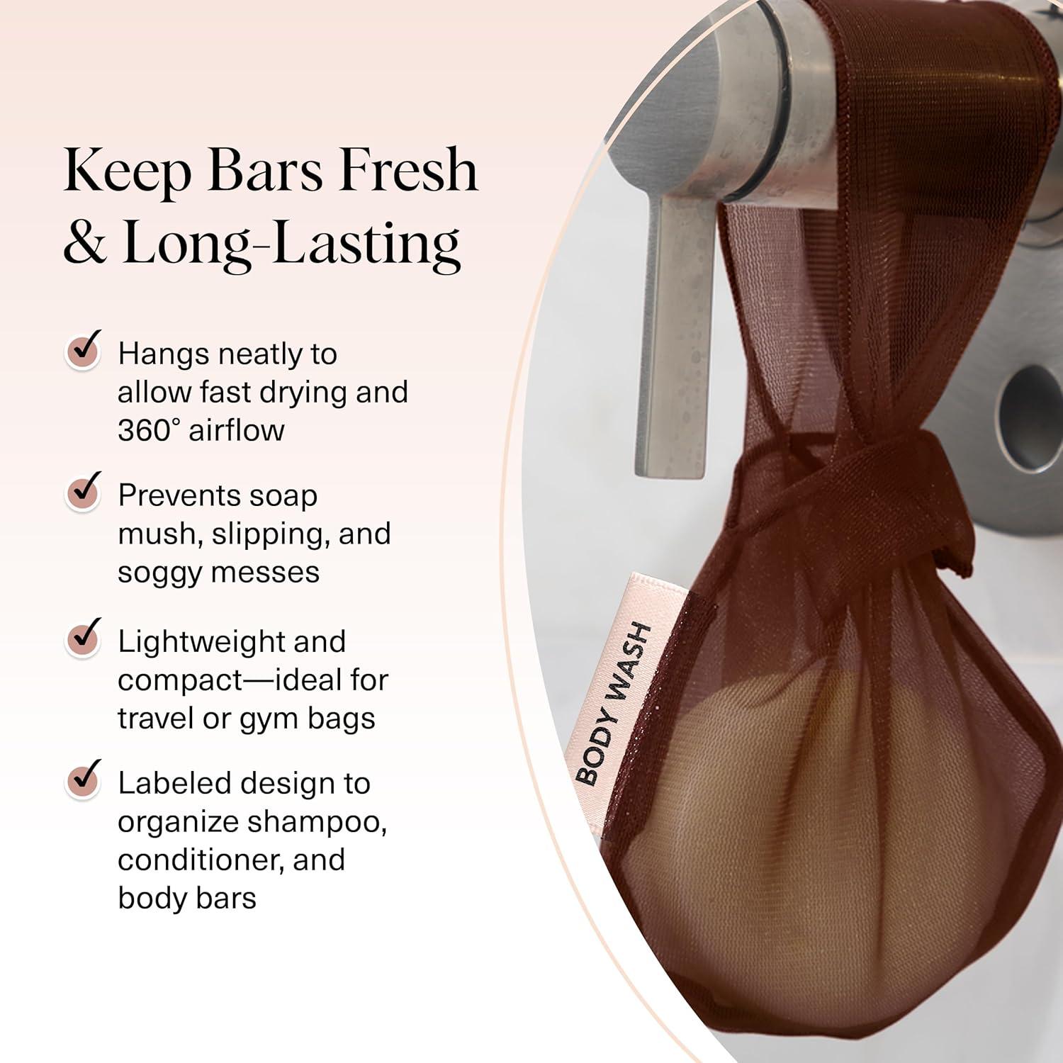 imageKitsch Bar Soap Saver Bag Patented Mesh Bag Soap Holder for Shampoo and Conditioner Bars Extends Use ampamp Prevents Soggy Mess Recycled Mesh Beauty Pouch EcoFriendly BlackChocolate