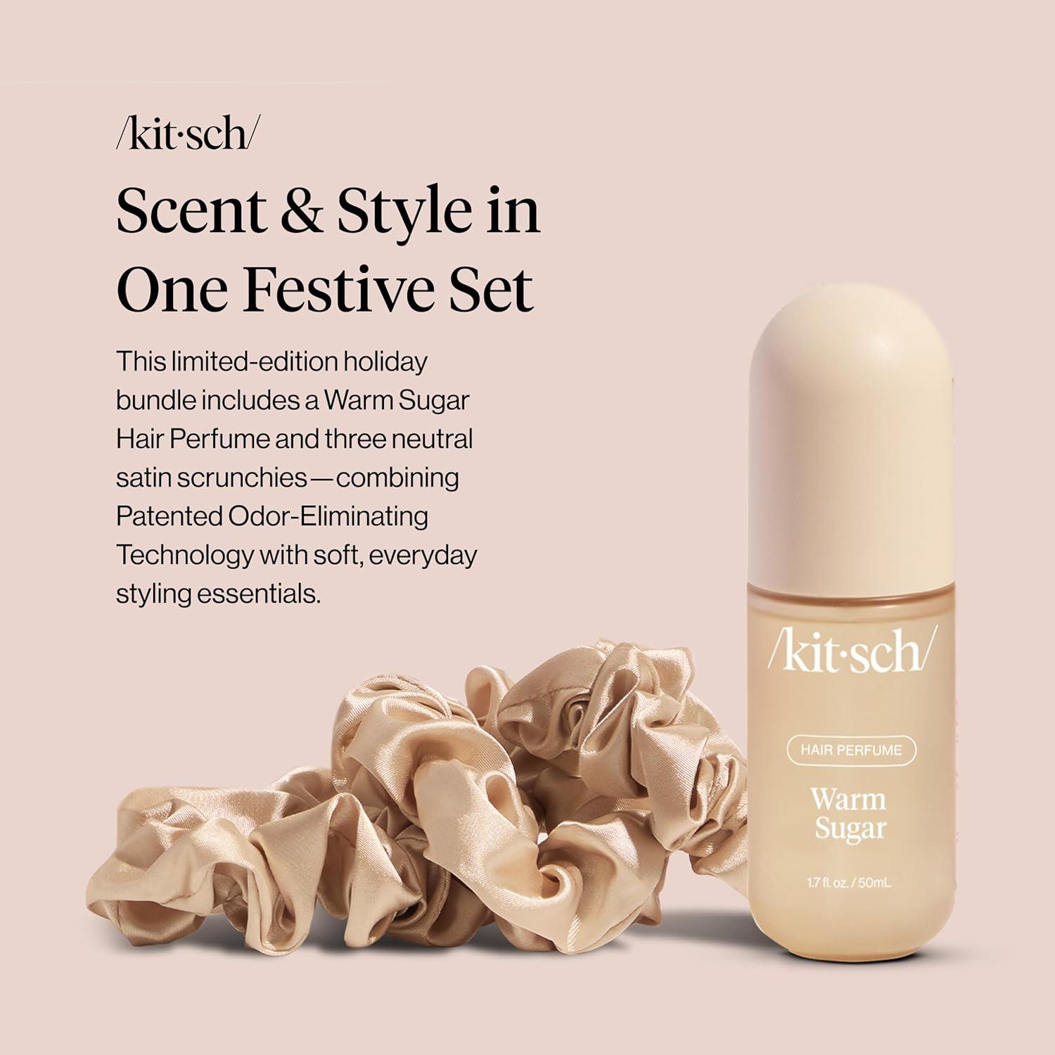 imageKitsch Hair Perfume for Women Amber Shores Clean Deodorizing ampamp Patented OdorEliminating Technology Hair Spray ampamp Body Mist Freshen Hair Body ampamp Pillows Woody Aquatic Scent 50mLWarm Sugar with Satin Scrunchies