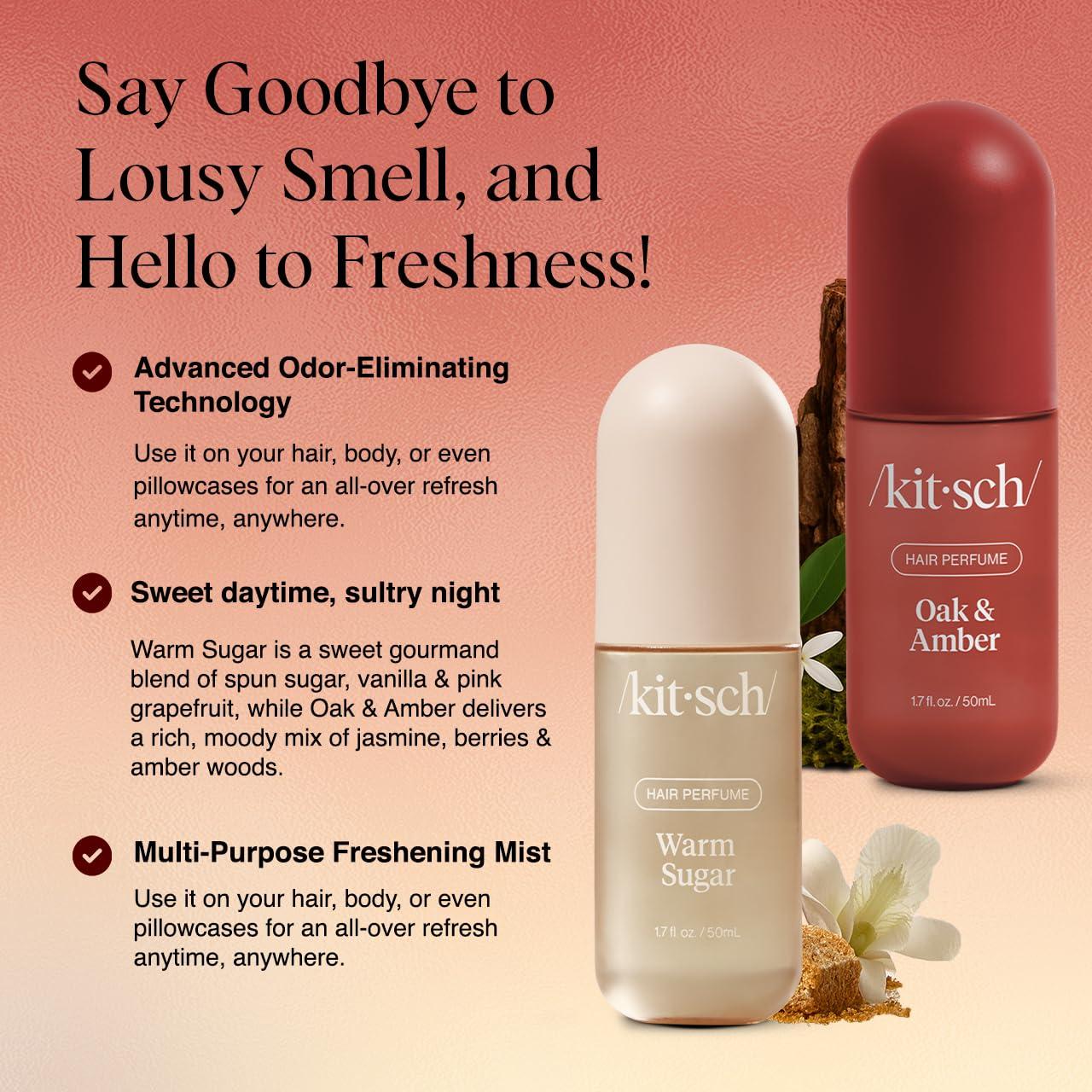 imageKitsch Hair Perfume for Women Amber Shores Clean Deodorizing ampamp Patented OdorEliminating Technology Hair Spray ampamp Body Mist Freshen Hair Body ampamp Pillows Woody Aquatic Scent 50mLWarm Sugar Oak and Amber