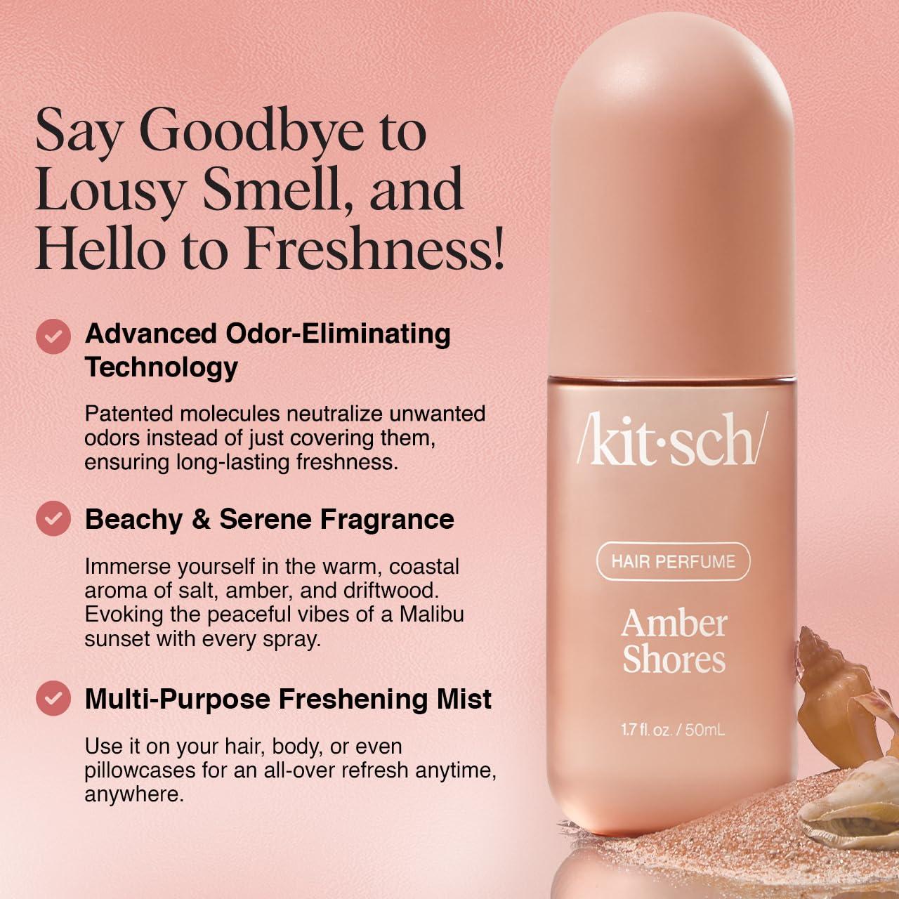 imageKitsch Hair Perfume for Women Amber Shores Clean Deodorizing ampamp Patented OdorEliminating Technology Hair Spray ampamp Body Mist Freshen Hair Body ampamp Pillows Woody Aquatic Scent 50mLAmber Shores