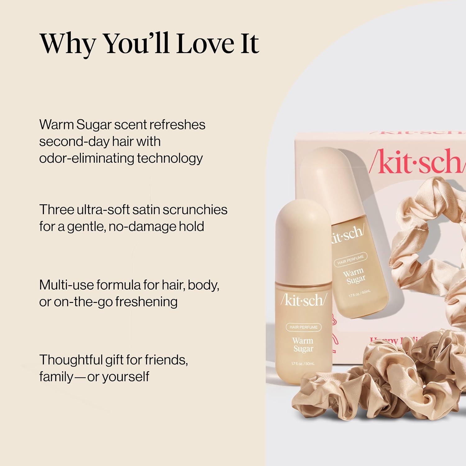 imageKitsch Hair Perfume for Women Amber Shores Clean Deodorizing ampamp Patented OdorEliminating Technology Hair Spray ampamp Body Mist Freshen Hair Body ampamp Pillows Woody Aquatic Scent 50mLWarm Sugar with Satin Scrunchies