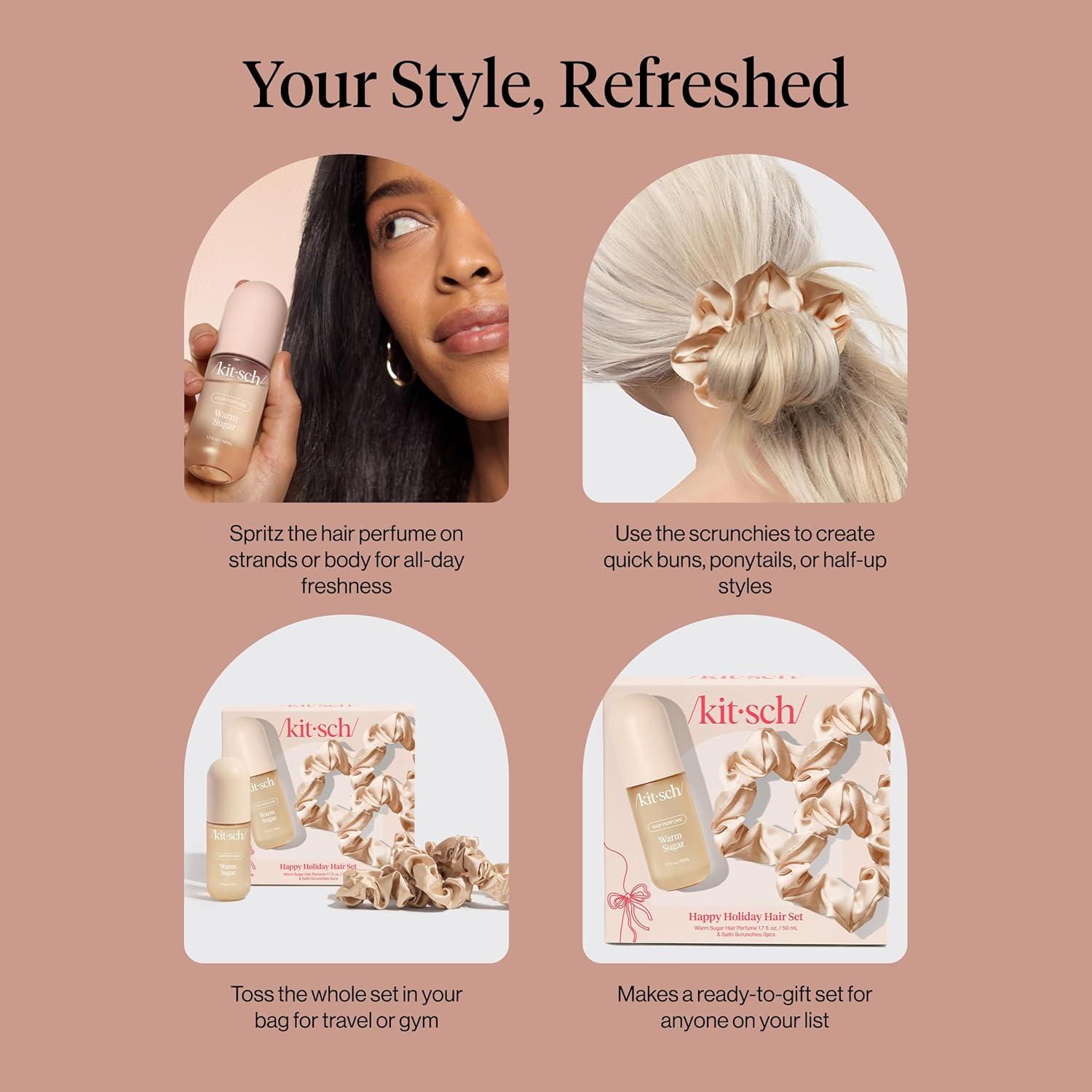 imageKitsch Hair Perfume for Women Amber Shores Clean Deodorizing ampamp Patented OdorEliminating Technology Hair Spray ampamp Body Mist Freshen Hair Body ampamp Pillows Woody Aquatic Scent 50mLWarm Sugar with Satin Scrunchies