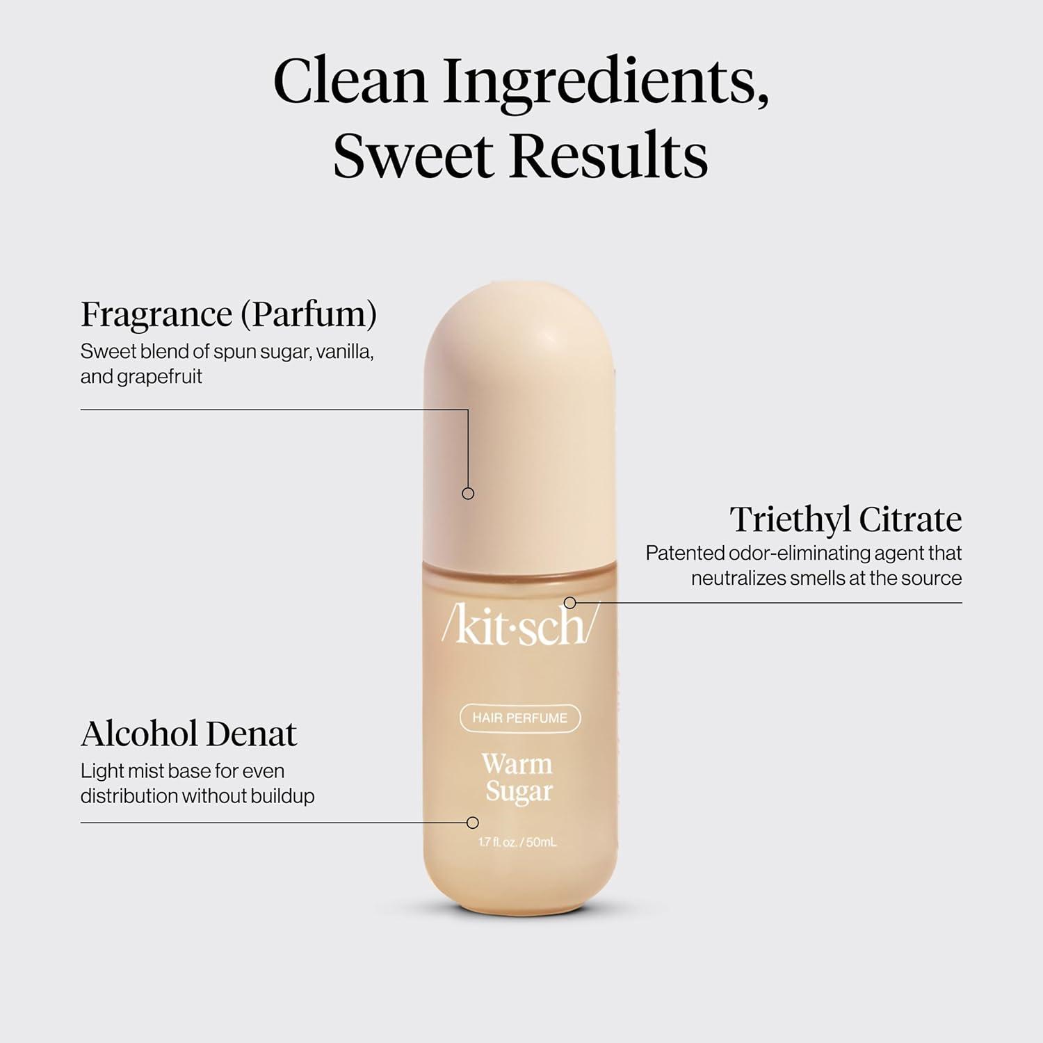 imageKitsch Hair Perfume for Women Amber Shores Clean Deodorizing ampamp Patented OdorEliminating Technology Hair Spray ampamp Body Mist Freshen Hair Body ampamp Pillows Woody Aquatic Scent 50mLWarm Sugar with Satin Scrunchies