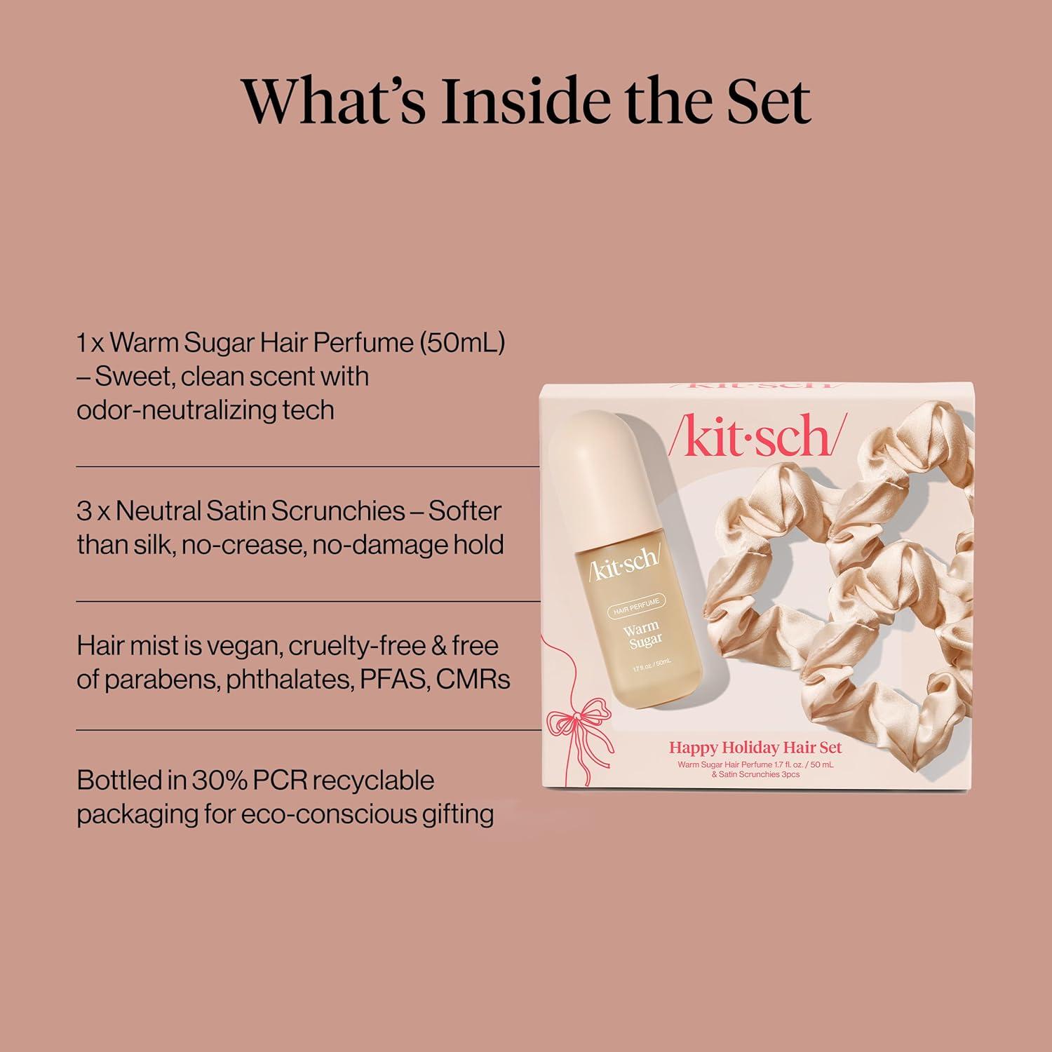 imageKitsch Hair Perfume for Women Amber Shores Clean Deodorizing ampamp Patented OdorEliminating Technology Hair Spray ampamp Body Mist Freshen Hair Body ampamp Pillows Woody Aquatic Scent 50mLWarm Sugar with Satin Scrunchies