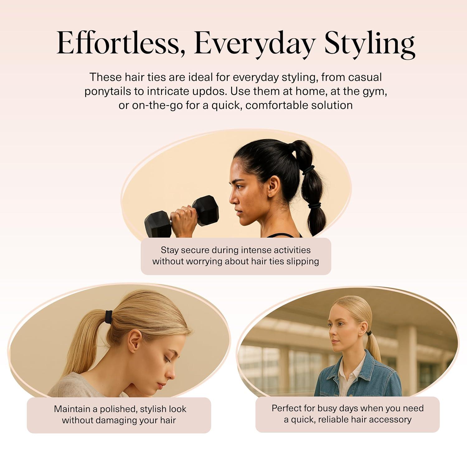 imageKitsch Hair Ties No Damage Strong Stretchy Hair Bands Soft Nylon Ponytail Holders SnagFree Rubber Bands Perfect for Updos ampamp Braids Ideal Gifts for Women Black 8pcsBlack Pack of 8