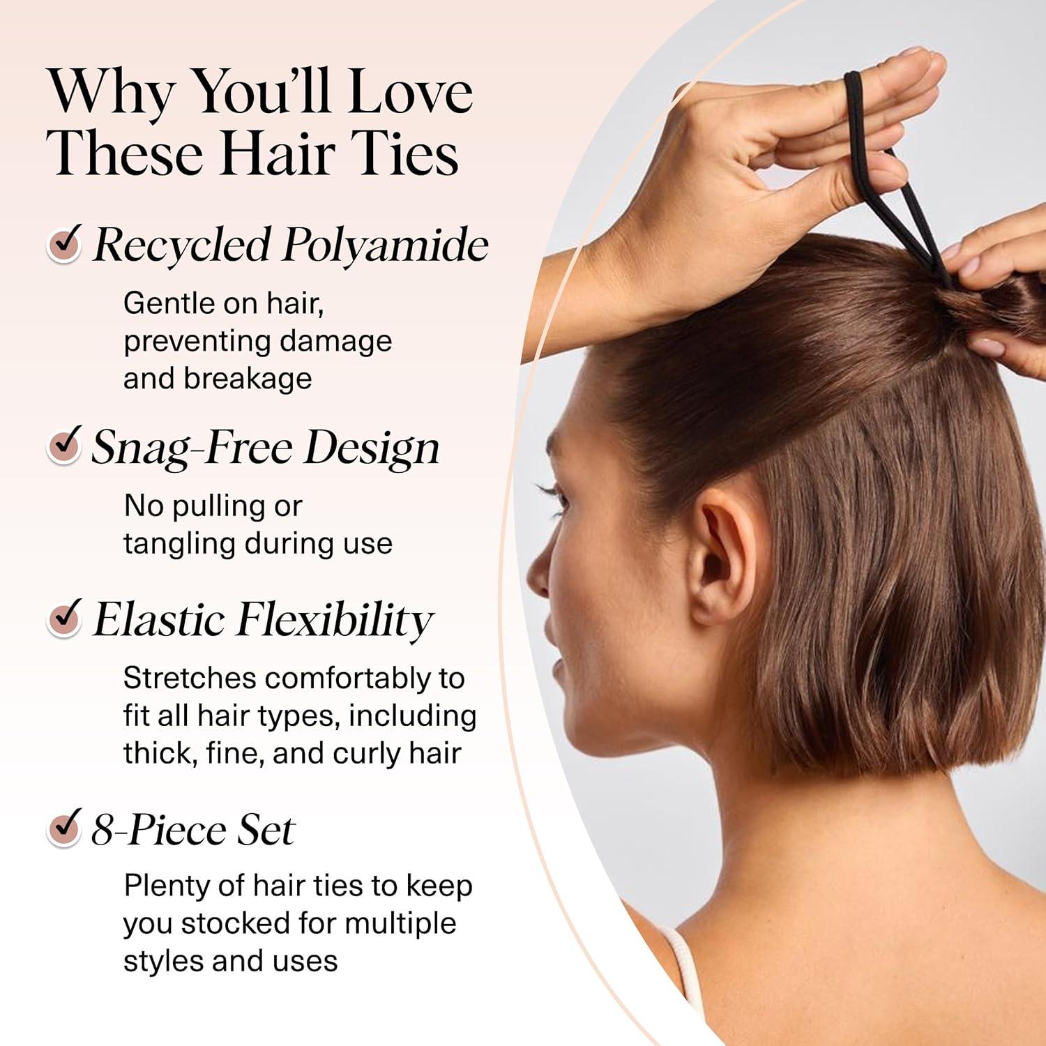 imageKitsch Hair Ties No Damage Strong Stretchy Hair Bands Soft Nylon Ponytail Holders SnagFree Rubber Bands Perfect for Updos ampamp Braids Ideal Gifts for Women Black 8pcsBlack Pack of 8