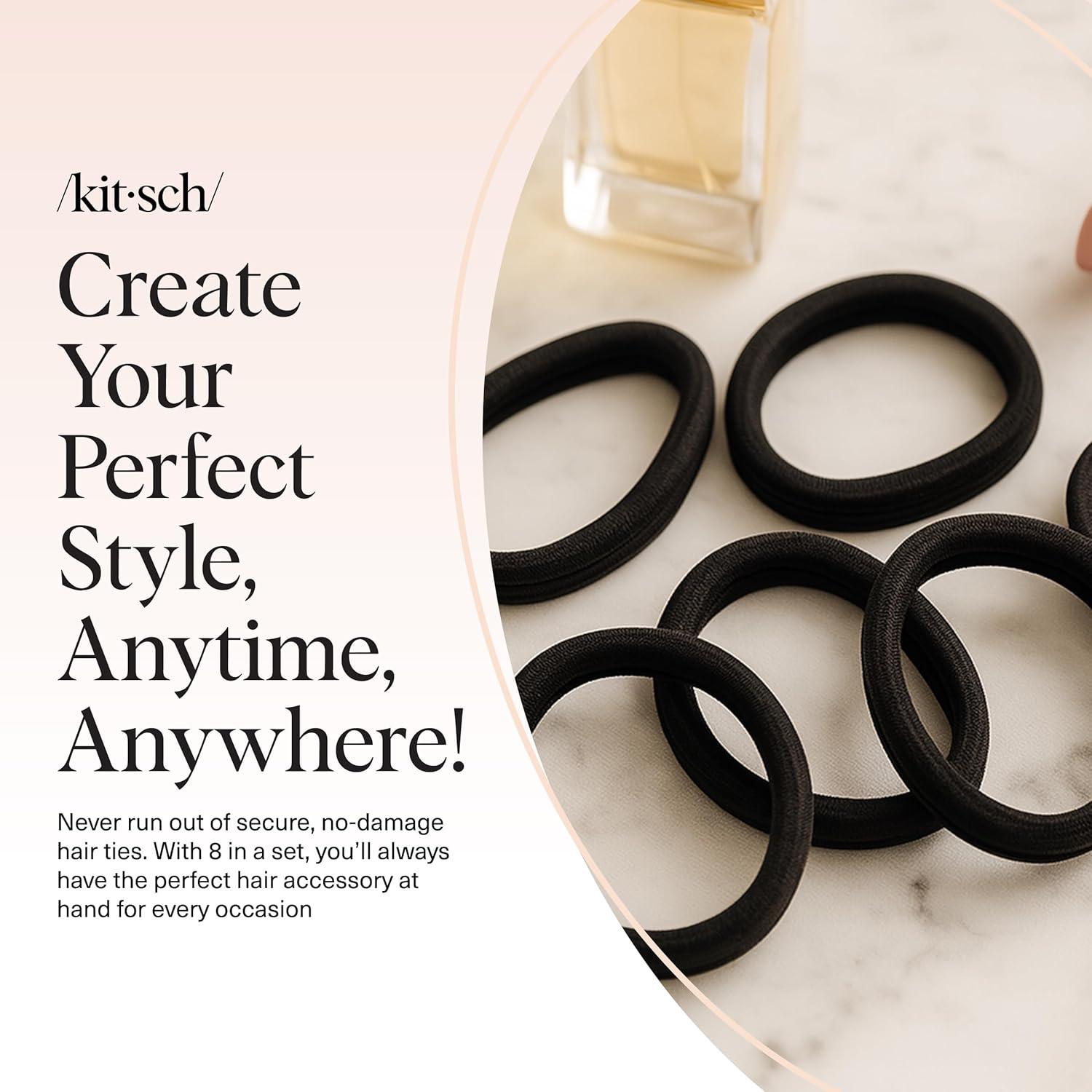 imageKitsch Hair Ties No Damage Strong Stretchy Hair Bands Soft Nylon Ponytail Holders SnagFree Rubber Bands Perfect for Updos ampamp Braids Ideal Gifts for Women Black 8pcsBlack Pack of 8