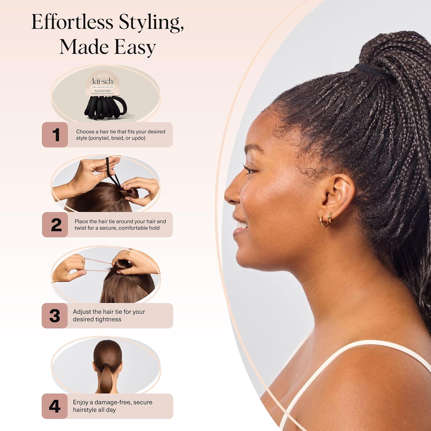 imageKitsch Hair Ties No Damage Strong Stretchy Hair Bands Soft Nylon Ponytail Holders SnagFree Rubber Bands Perfect for Updos ampamp Braids Ideal Gifts for Women Black 8pcsBlack Pack of 8