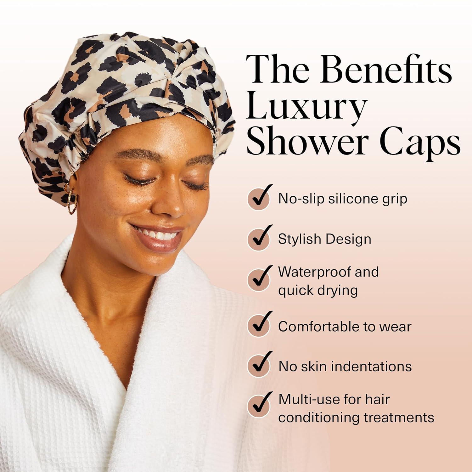 imageKitsch Luxury Shower Caps for Women Reusable Waterproof Large Shower Cap for Women Nonslip Quickdry Hair Cap for Long and Short Hair Comfortable and Stylish Design Blush DotLeopard