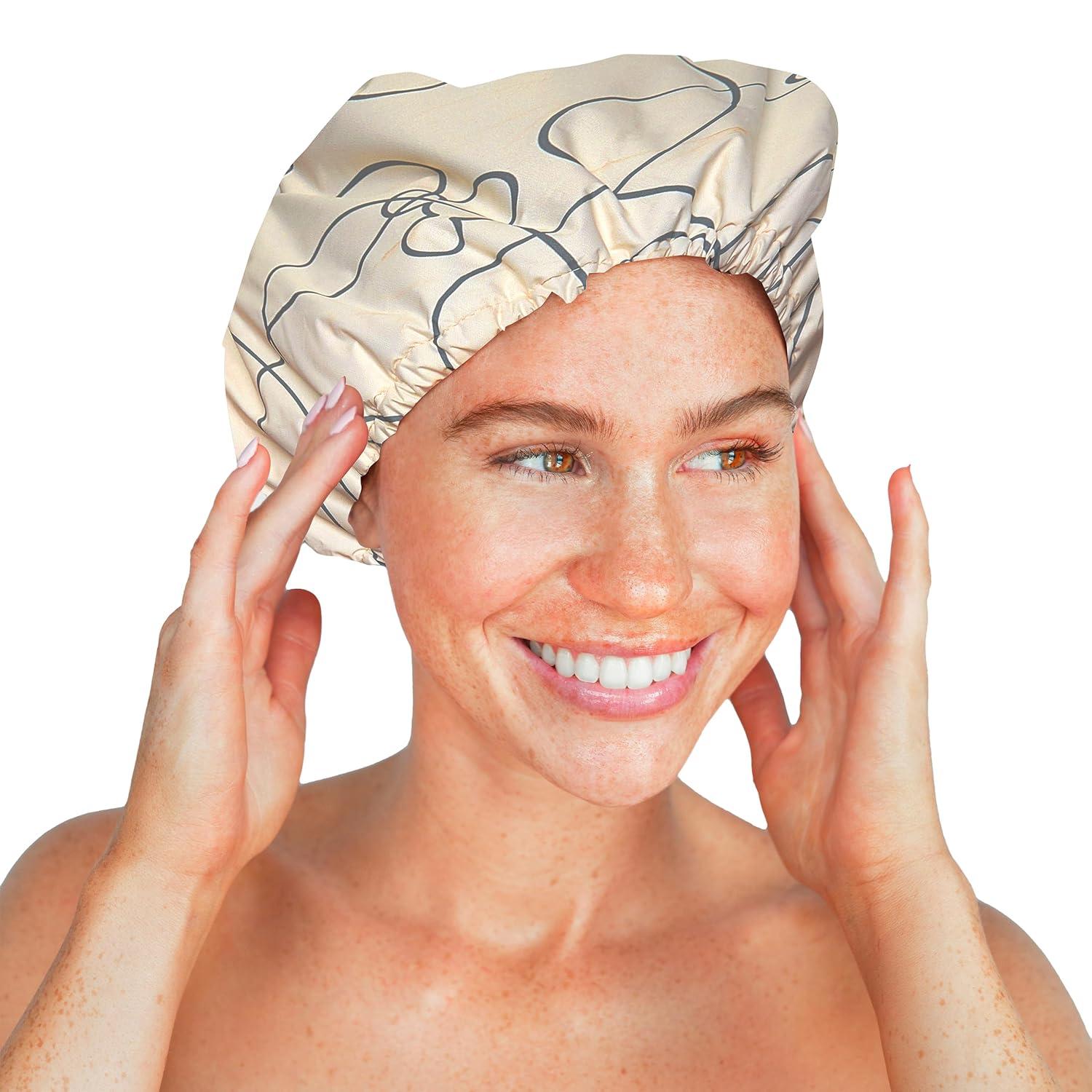 imageKitsch Luxury Shower Caps for Women Reusable Waterproof Large Shower Cap for Women Nonslip Quickdry Hair Cap for Long and Short Hair Comfortable and Stylish Design Blush DotMickey Maze