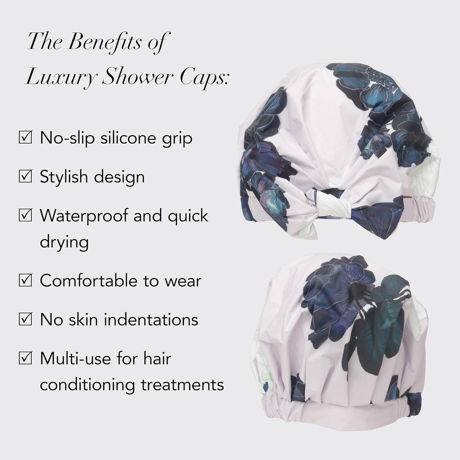 imageKitsch Luxury Shower Caps for Women Reusable Waterproof Large Shower Cap for Women Nonslip Quickdry Hair Cap for Long and Short Hair Comfortable and Stylish Design Blush DotFloral