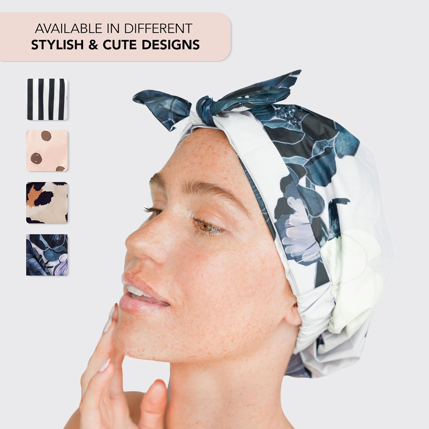 imageKitsch Luxury Shower Caps for Women Reusable Waterproof Large Shower Cap for Women Nonslip Quickdry Hair Cap for Long and Short Hair Comfortable and Stylish Design Blush DotFloral