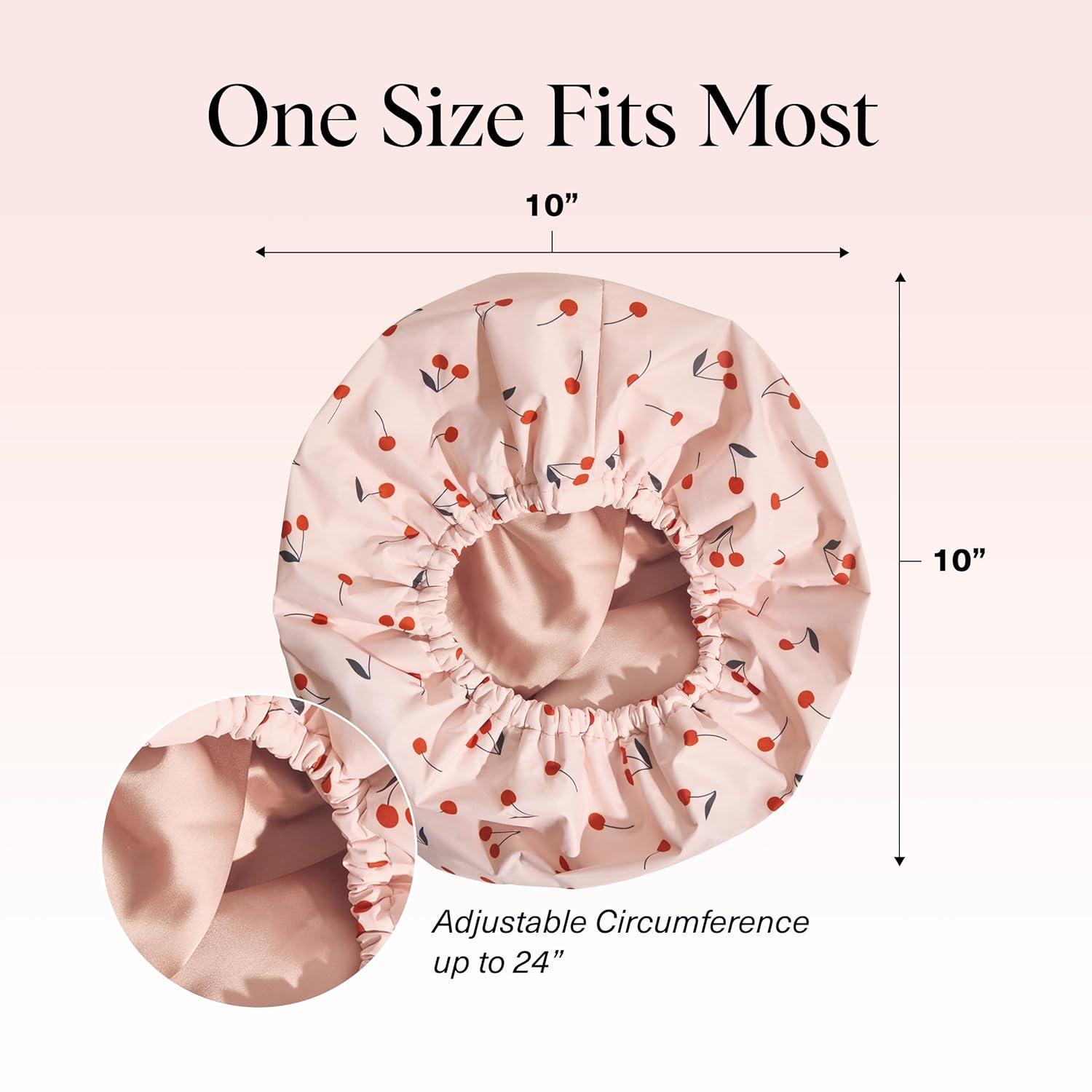 imageKitsch Luxury Shower Caps for Women Reusable Waterproof Large Shower Cap for Women Nonslip Quickdry Hair Cap for Long and Short Hair Comfortable and Stylish Design Blush DotCherry Print