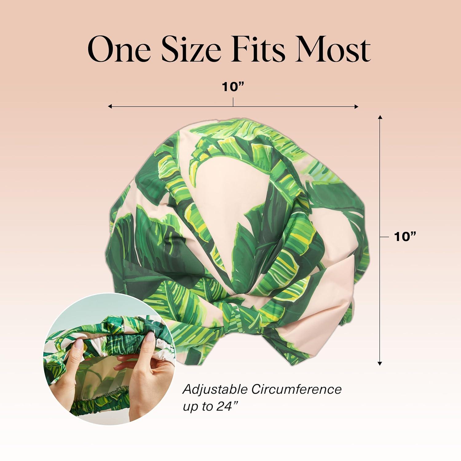 imageKitsch Luxury Shower Caps for Women Reusable Waterproof Large Shower Cap for Women Nonslip Quickdry Hair Cap for Long and Short Hair Comfortable and Stylish Design Blush DotPalm Leaves