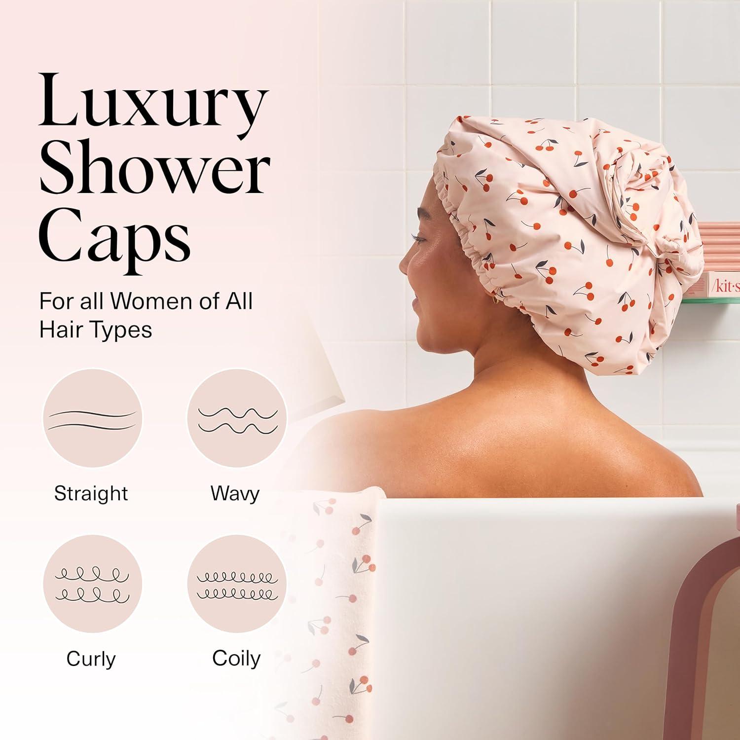imageKitsch Luxury Shower Caps for Women Reusable Waterproof Large Shower Cap for Women Nonslip Quickdry Hair Cap for Long and Short Hair Comfortable and Stylish Design Blush DotCherry Print