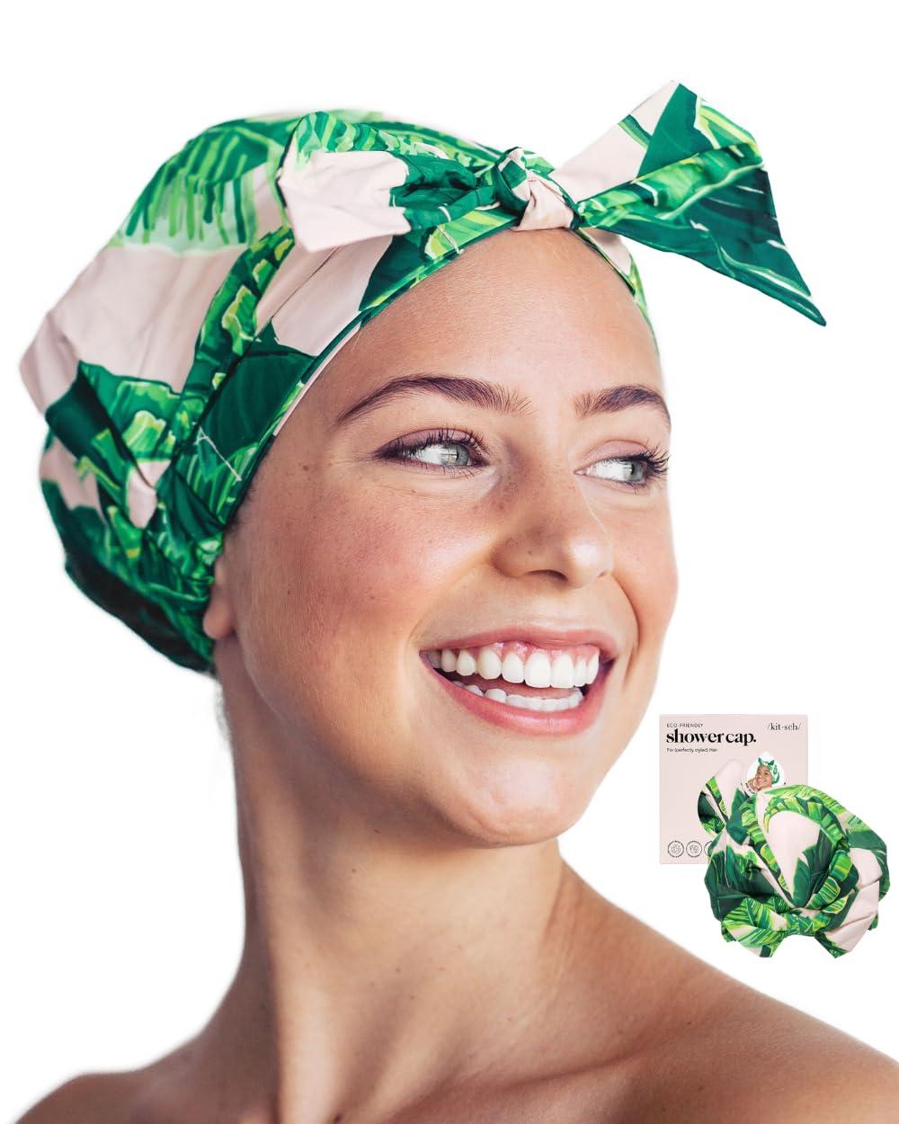 imageKitsch Luxury Shower Caps for Women Reusable Waterproof Large Shower Cap for Women Nonslip Quickdry Hair Cap for Long and Short Hair Comfortable and Stylish Design Blush DotPalm Leaves