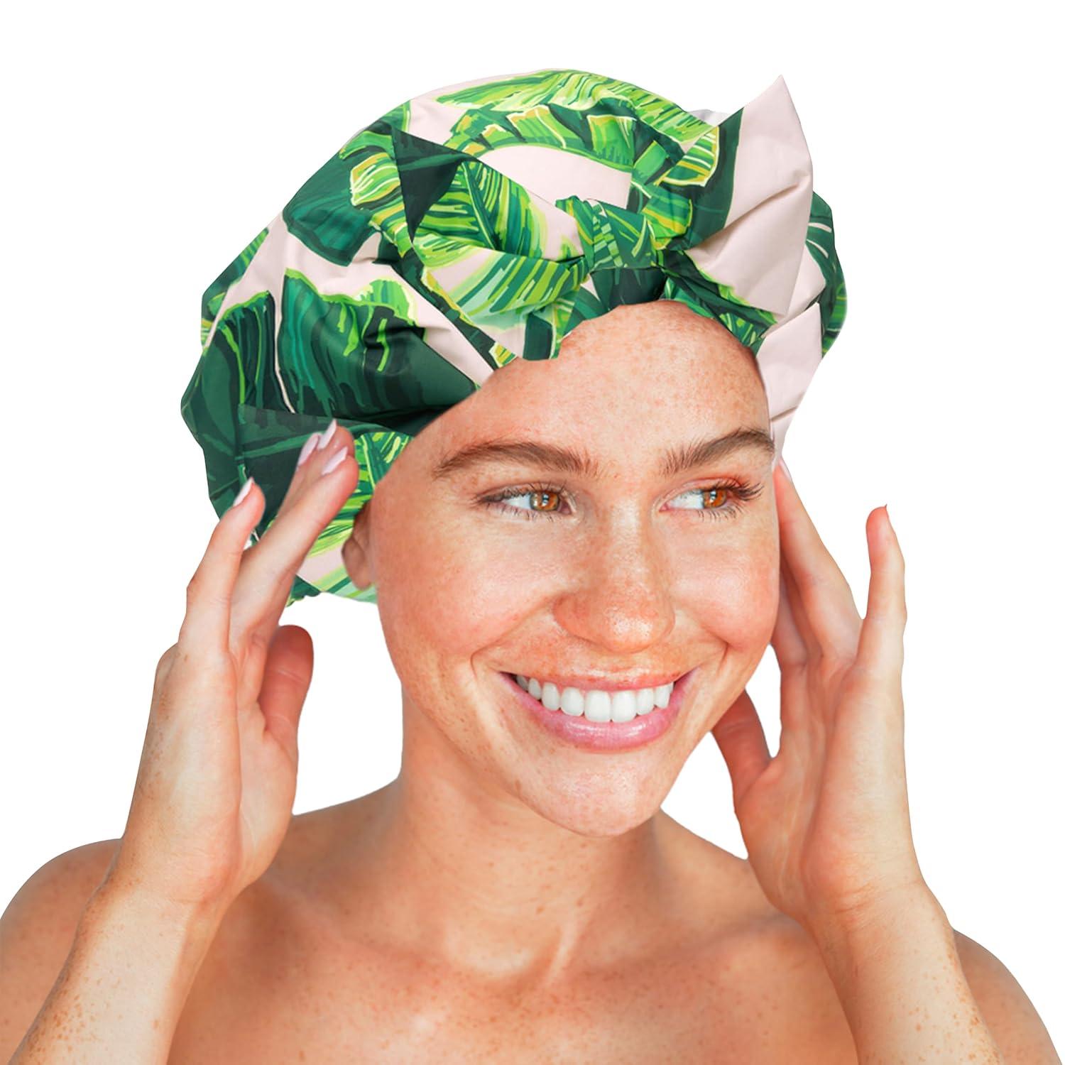 imageKitsch Luxury Shower Caps for Women Reusable Waterproof Large Shower Cap for Women Nonslip Quickdry Hair Cap for Long and Short Hair Comfortable and Stylish Design Blush DotPalm Leaves