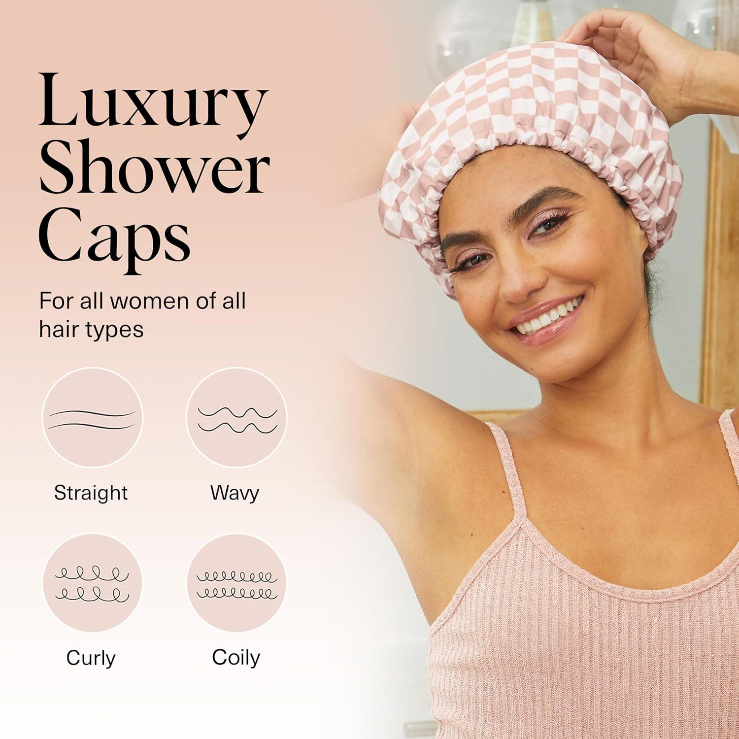 imageKitsch Luxury Shower Caps for Women Reusable Waterproof Large Shower Cap for Women Nonslip Quickdry Hair Cap for Long and Short Hair Comfortable and Stylish Design Blush DotTerracotta Checker
