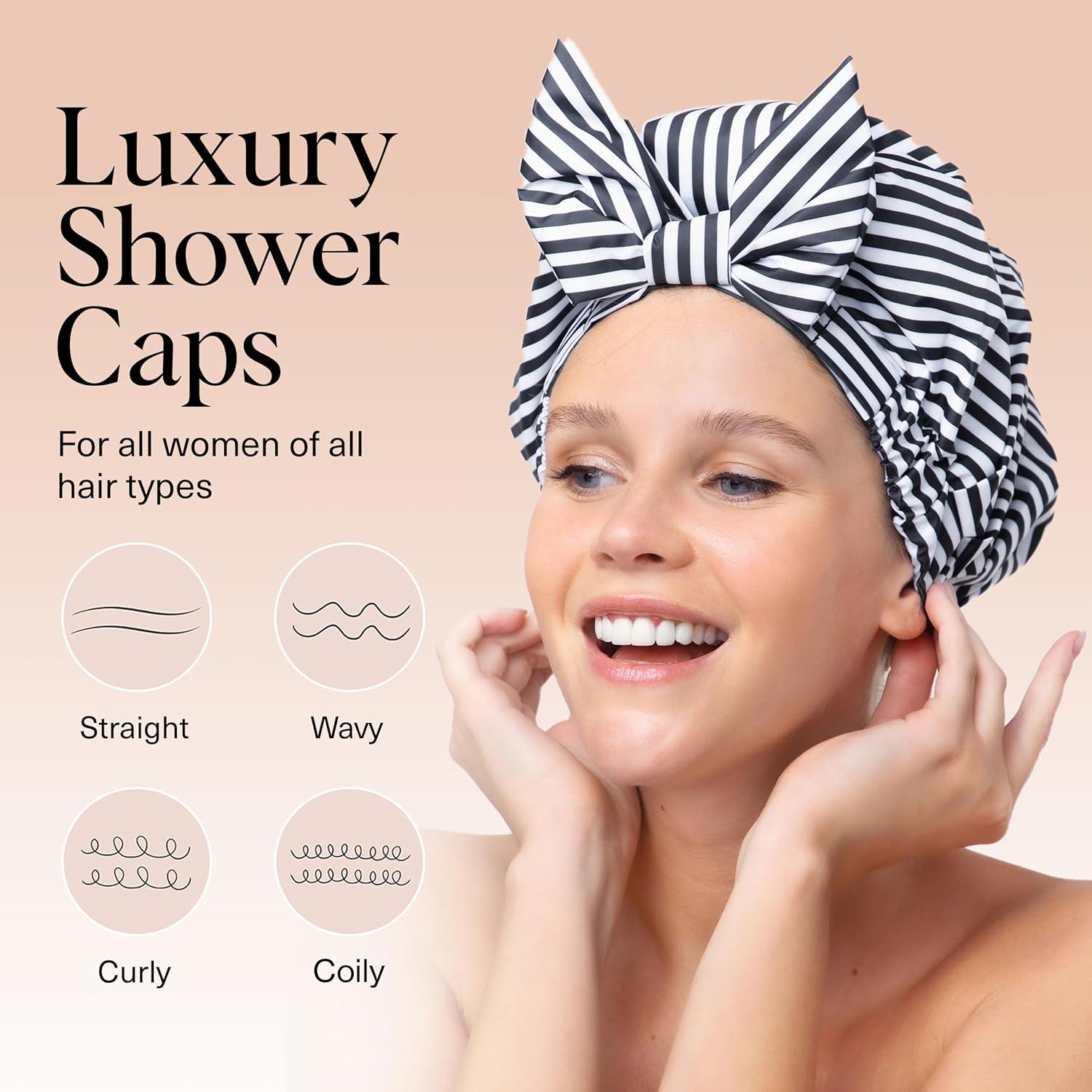 imageKitsch Luxury Shower Caps for Women Reusable Waterproof Large Shower Cap for Women Nonslip Quickdry Hair Cap for Long and Short Hair Comfortable and Stylish Design Blush DotStripe