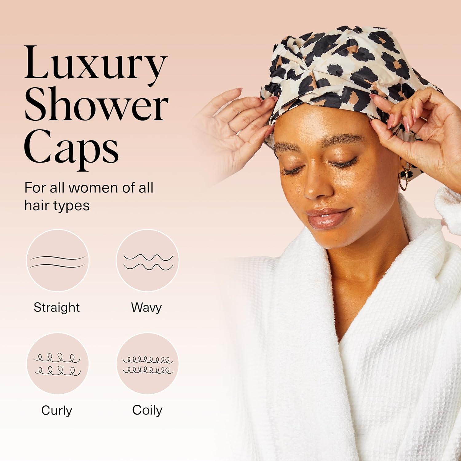 imageKitsch Luxury Shower Caps for Women Reusable Waterproof Large Shower Cap for Women Nonslip Quickdry Hair Cap for Long and Short Hair Comfortable and Stylish Design Blush DotLeopard