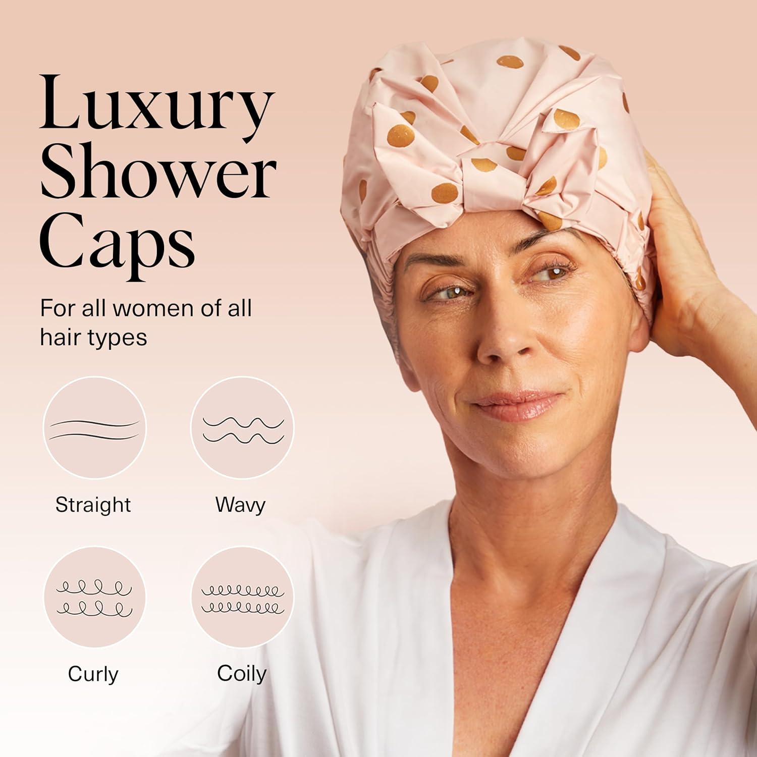 imageKitsch Luxury Shower Caps for Women Reusable Waterproof Large Shower Cap for Women Nonslip Quickdry Hair Cap for Long and Short Hair Comfortable and Stylish Design Blush DotBlush Dot