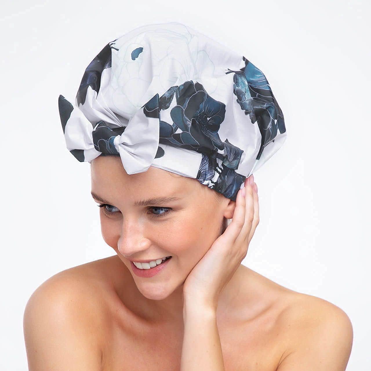 imageKitsch Luxury Shower Caps for Women Reusable Waterproof Large Shower Cap for Women Nonslip Quickdry Hair Cap for Long and Short Hair Comfortable and Stylish Design Blush DotFloral