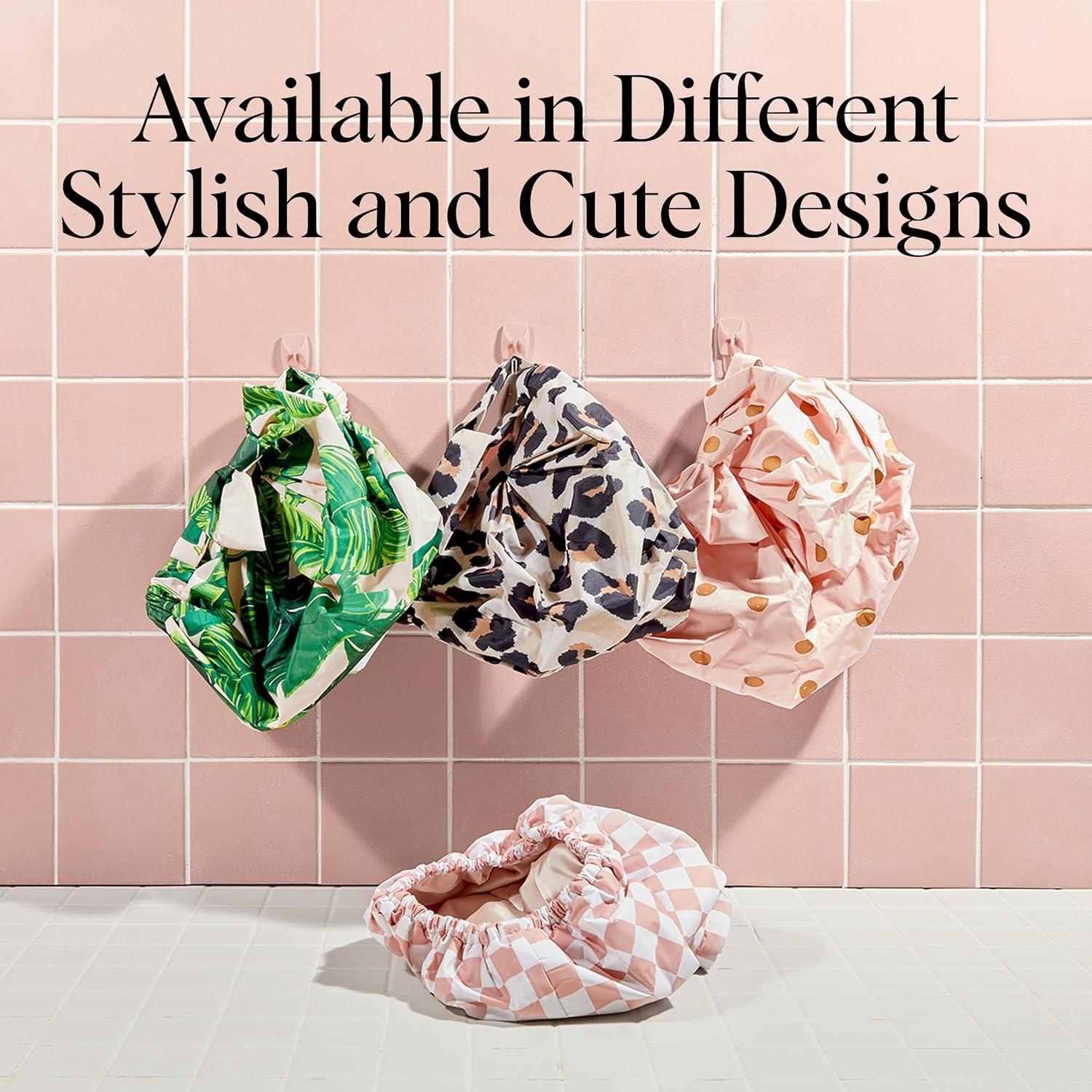 imageKitsch Luxury Shower Caps for Women Reusable Waterproof Large Shower Cap for Women Nonslip Quickdry Hair Cap for Long and Short Hair Comfortable and Stylish Design Blush DotPalm Leaves