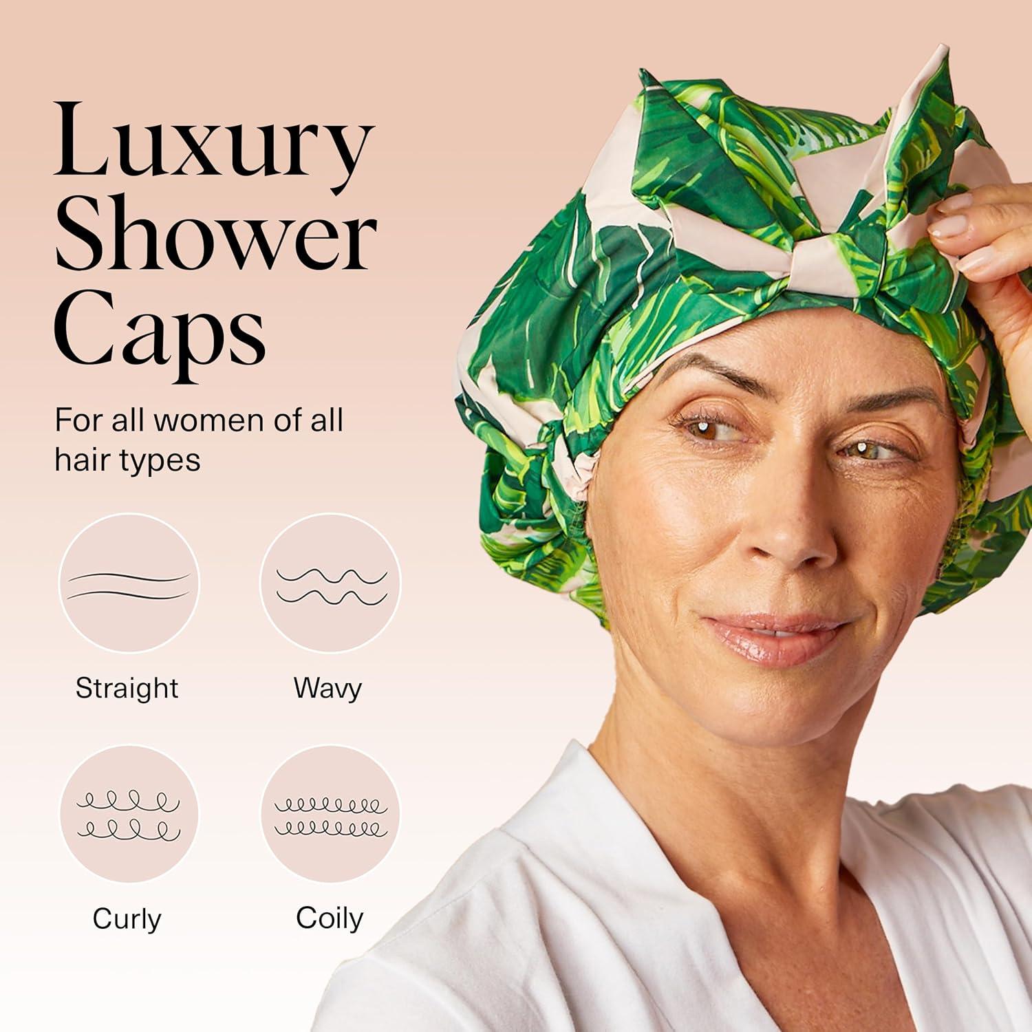 imageKitsch Luxury Shower Caps for Women Reusable Waterproof Large Shower Cap for Women Nonslip Quickdry Hair Cap for Long and Short Hair Comfortable and Stylish Design Blush DotPalm Leaves