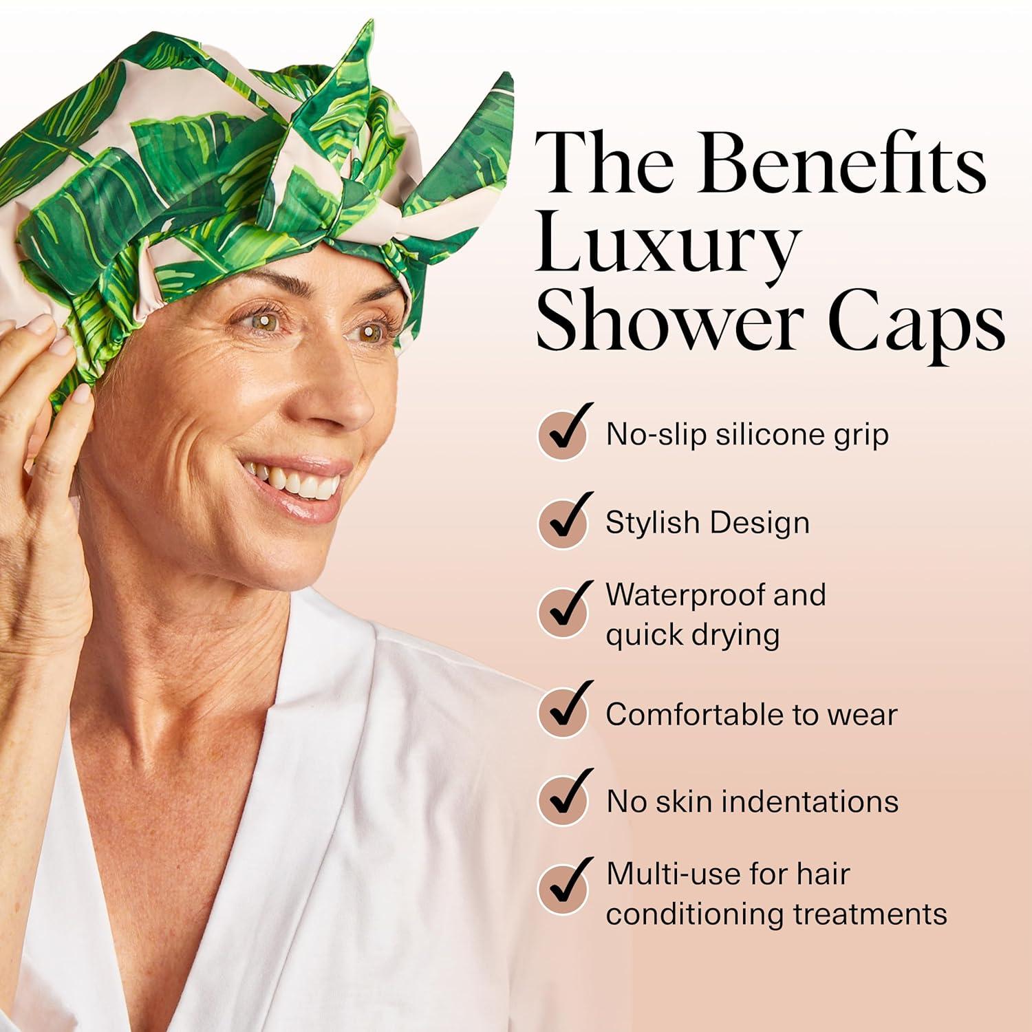 imageKitsch Luxury Shower Caps for Women Reusable Waterproof Large Shower Cap for Women Nonslip Quickdry Hair Cap for Long and Short Hair Comfortable and Stylish Design Blush DotPalm Leaves