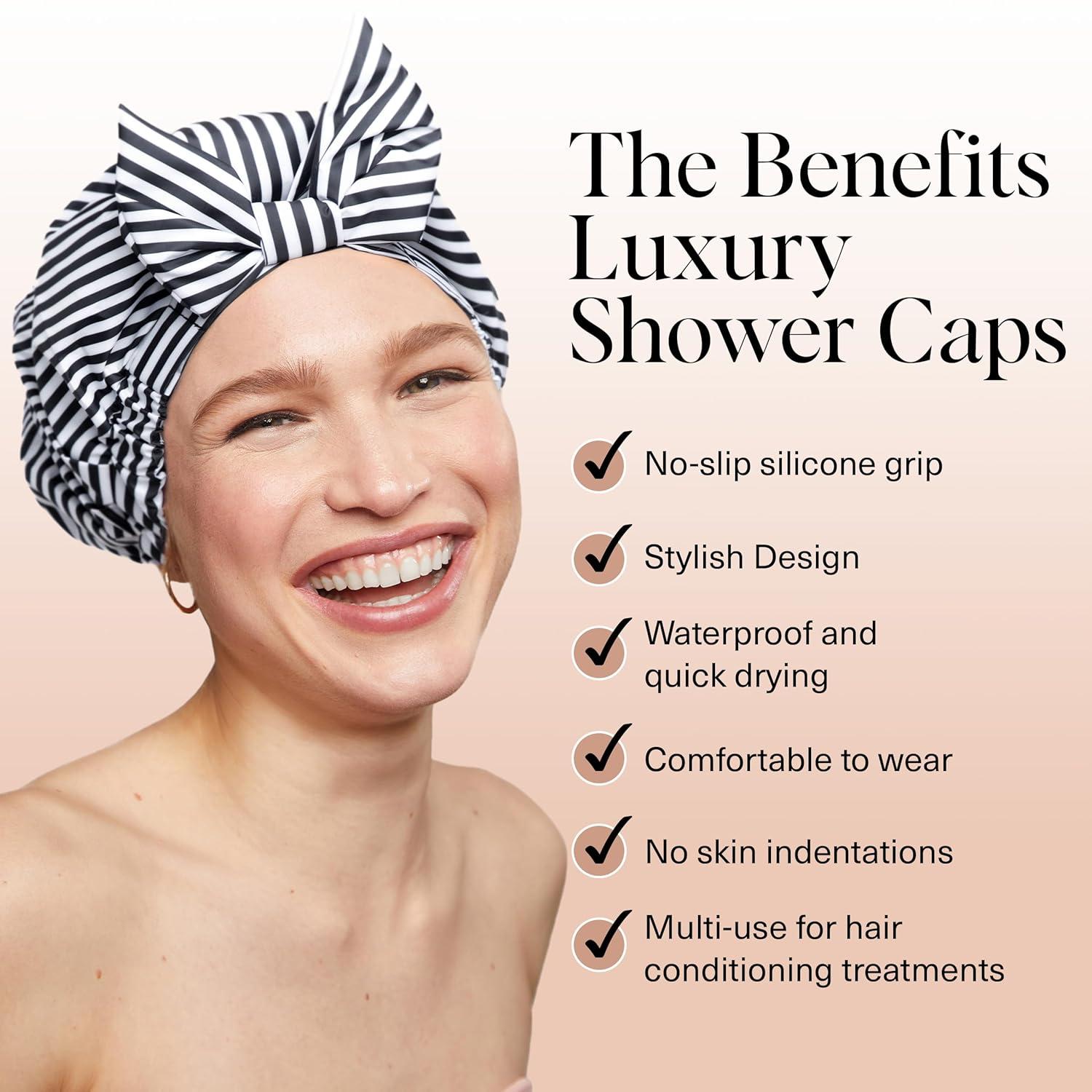 imageKitsch Luxury Shower Caps for Women Reusable Waterproof Large Shower Cap for Women Nonslip Quickdry Hair Cap for Long and Short Hair Comfortable and Stylish Design Blush DotStripe