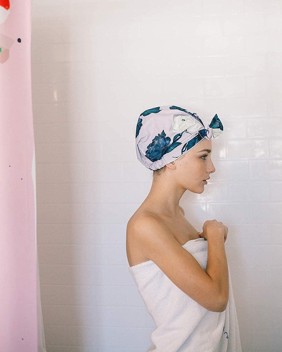 imageKitsch Luxury Shower Caps for Women Reusable Waterproof Large Shower Cap for Women Nonslip Quickdry Hair Cap for Long and Short Hair Comfortable and Stylish Design Blush DotFloral