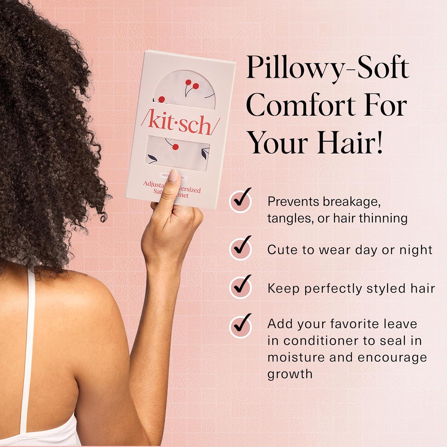 imageKitsch XL Satin Bonnet for Sleeping Softer Than Silk Hair Bonnet for Women Secure Fit Adjustable Night Cap for Curly ampamp Textured Hair Prevents Breakage Tangles ampamp Thinning AuraCherry Print