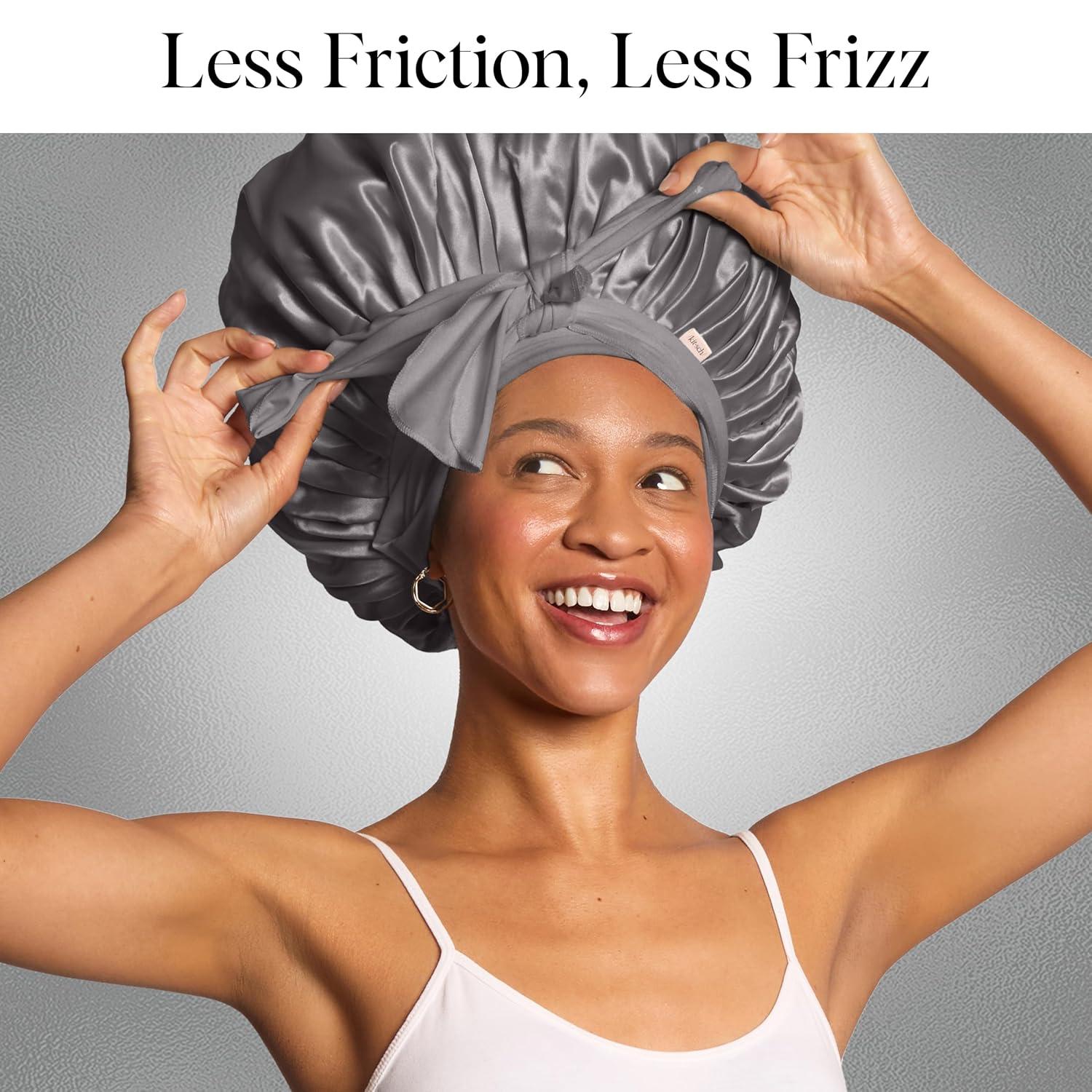 imageKitsch XL Satin Bonnet for Sleeping Softer Than Silk Hair Bonnet for Women Secure Fit Adjustable Night Cap for Curly ampamp Textured Hair Prevents Breakage Tangles ampamp Thinning AuraCharcoal