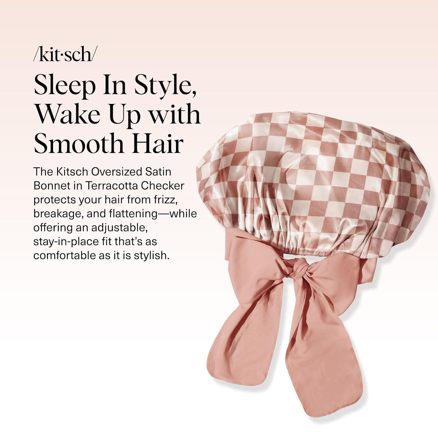 imageKitsch XL Satin Bonnet for Sleeping Softer Than Silk Hair Bonnet for Women Secure Fit Adjustable Night Cap for Curly ampamp Textured Hair Prevents Breakage Tangles ampamp Thinning AuraTerracotta Checker