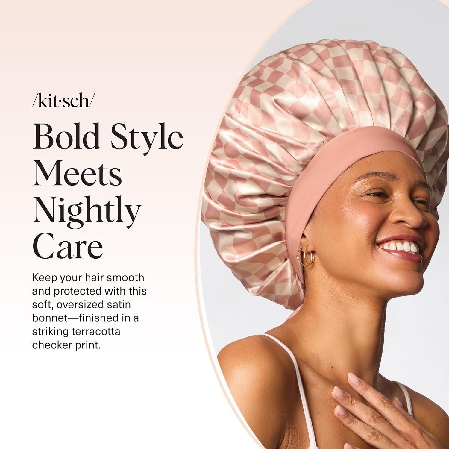 imageKitsch XL Satin Bonnet for Sleeping Softer Than Silk Hair Bonnet for Women Secure Fit Adjustable Night Cap for Curly ampamp Textured Hair Prevents Breakage Tangles ampamp Thinning AuraTerracotta Checker