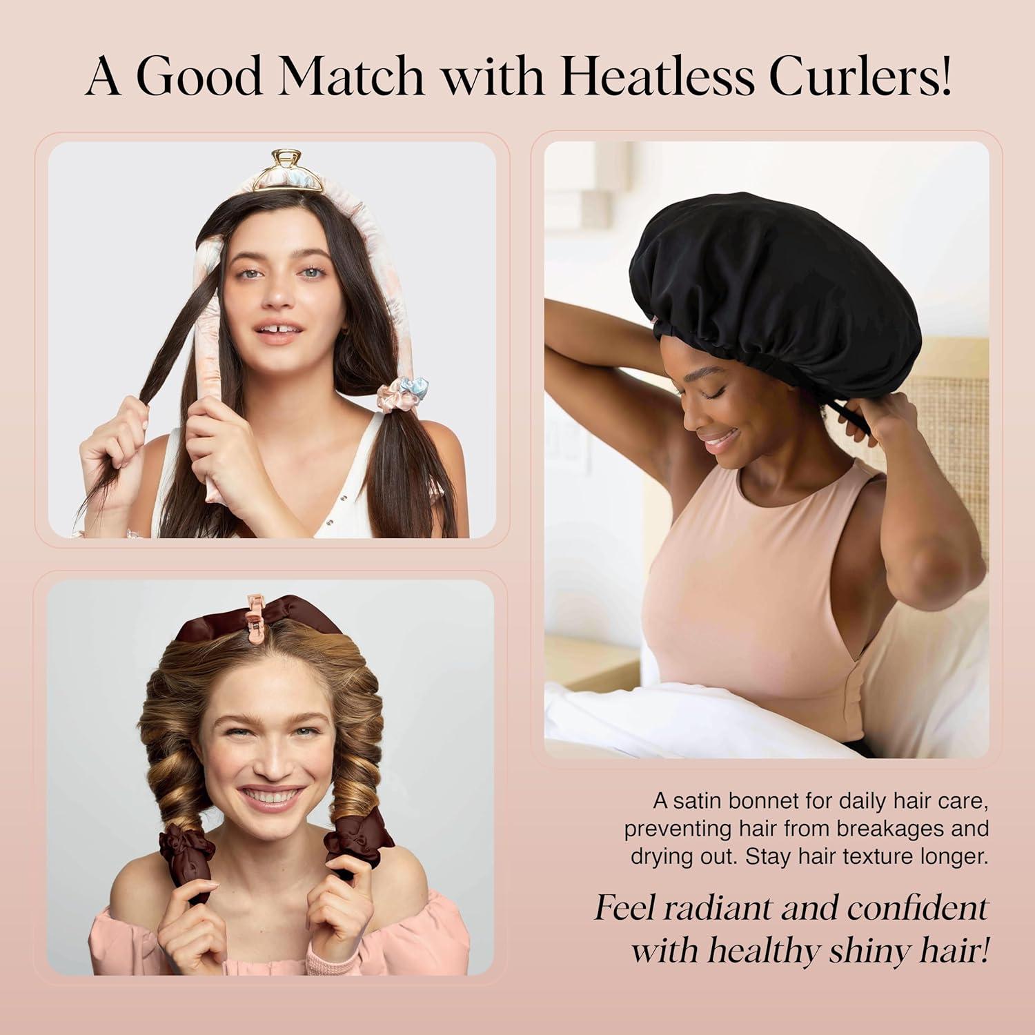 imageKitsch XL Satin Bonnet for Sleeping Softer Than Silk Hair Bonnet for Women Secure Fit Adjustable Night Cap for Curly ampamp Textured Hair Prevents Breakage Tangles ampamp Thinning AuraBlack