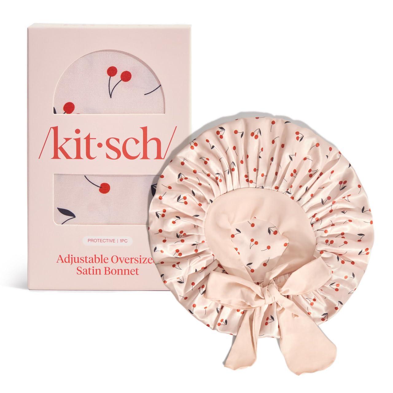 imageKitsch XL Satin Bonnet for Sleeping Softer Than Silk Hair Bonnet for Women Secure Fit Adjustable Night Cap for Curly ampamp Textured Hair Prevents Breakage Tangles ampamp Thinning AuraCherry Print