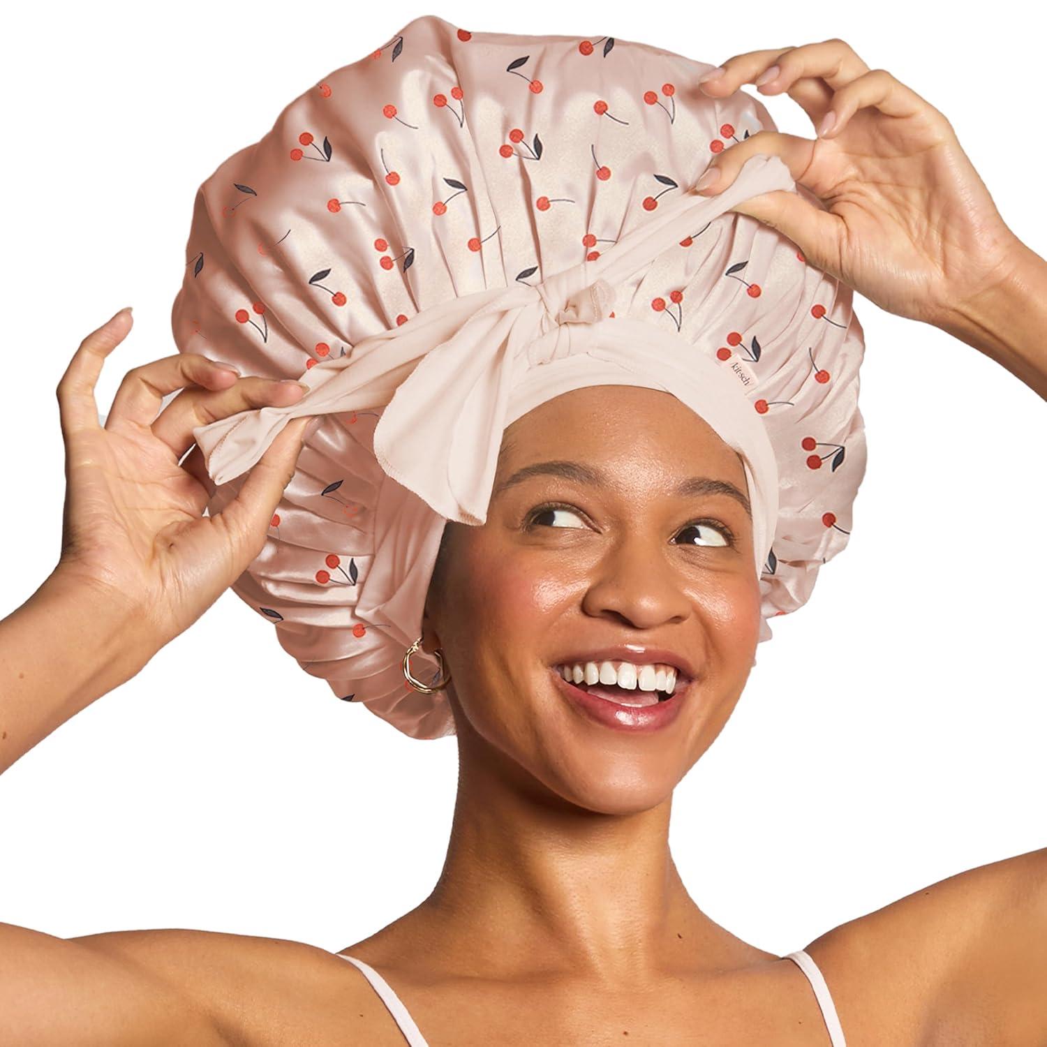 imageKitsch XL Satin Bonnet for Sleeping Softer Than Silk Hair Bonnet for Women Secure Fit Adjustable Night Cap for Curly ampamp Textured Hair Prevents Breakage Tangles ampamp Thinning AuraCherry Print