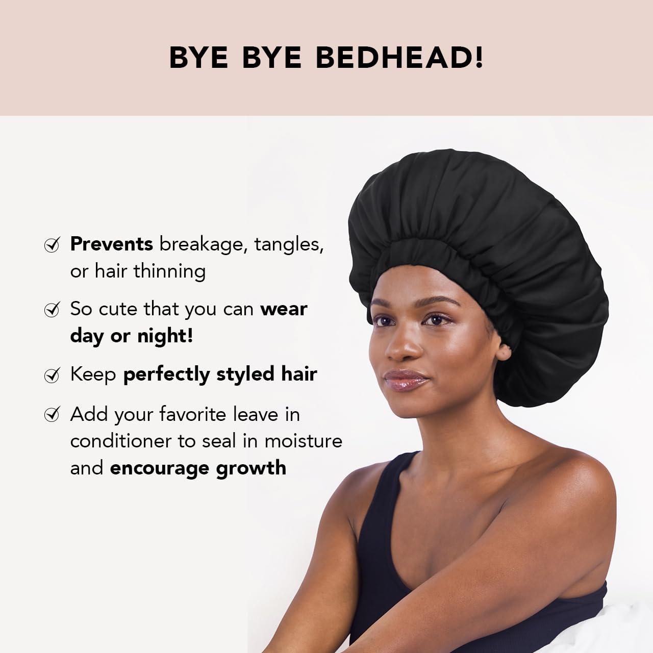 imageKitsch XL Satin Bonnet for Sleeping Softer Than Silk Hair Bonnet for Women Secure Fit Adjustable Night Cap for Curly ampamp Textured Hair Prevents Breakage Tangles ampamp Thinning AuraBlack