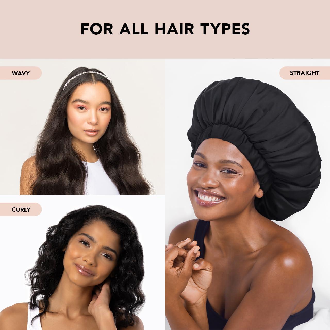 imageKitsch XL Satin Bonnet for Sleeping Softer Than Silk Hair Bonnet for Women Secure Fit Adjustable Night Cap for Curly ampamp Textured Hair Prevents Breakage Tangles ampamp Thinning AuraBlack