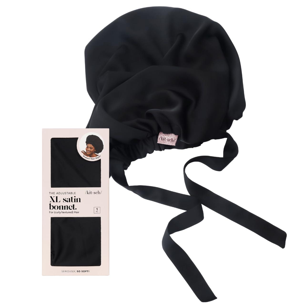 imageKitsch XL Satin Bonnet for Sleeping Softer Than Silk Hair Bonnet for Women Secure Fit Adjustable Night Cap for Curly ampamp Textured Hair Prevents Breakage Tangles ampamp Thinning AuraBlack
